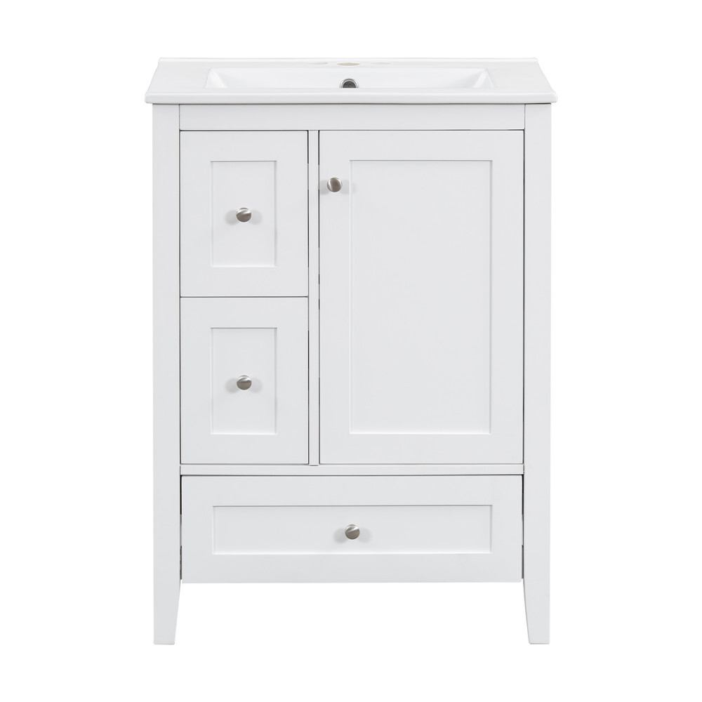 24″ Bathroom Vanity w/Ceramic Sink, Freestanding Vanity Cabinet, 3 Drawers, Door