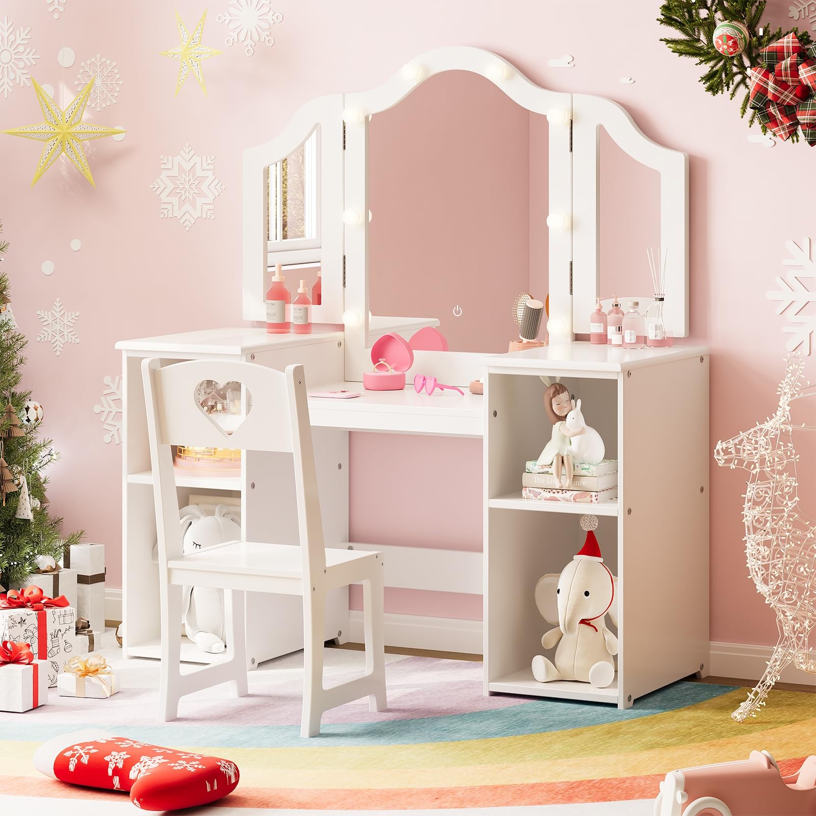 2-in-1 Kids Vanity Table with Tri-Fold Lighted Mirror Chair Storage