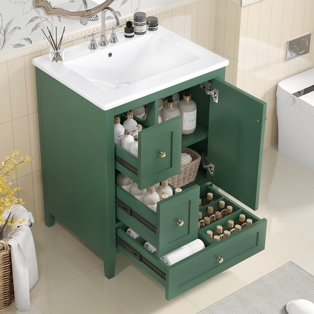 24″ Bathroom Vanity w/Ceramic Sink, Freestanding Vanity Cabinet, 3 Drawers, Door