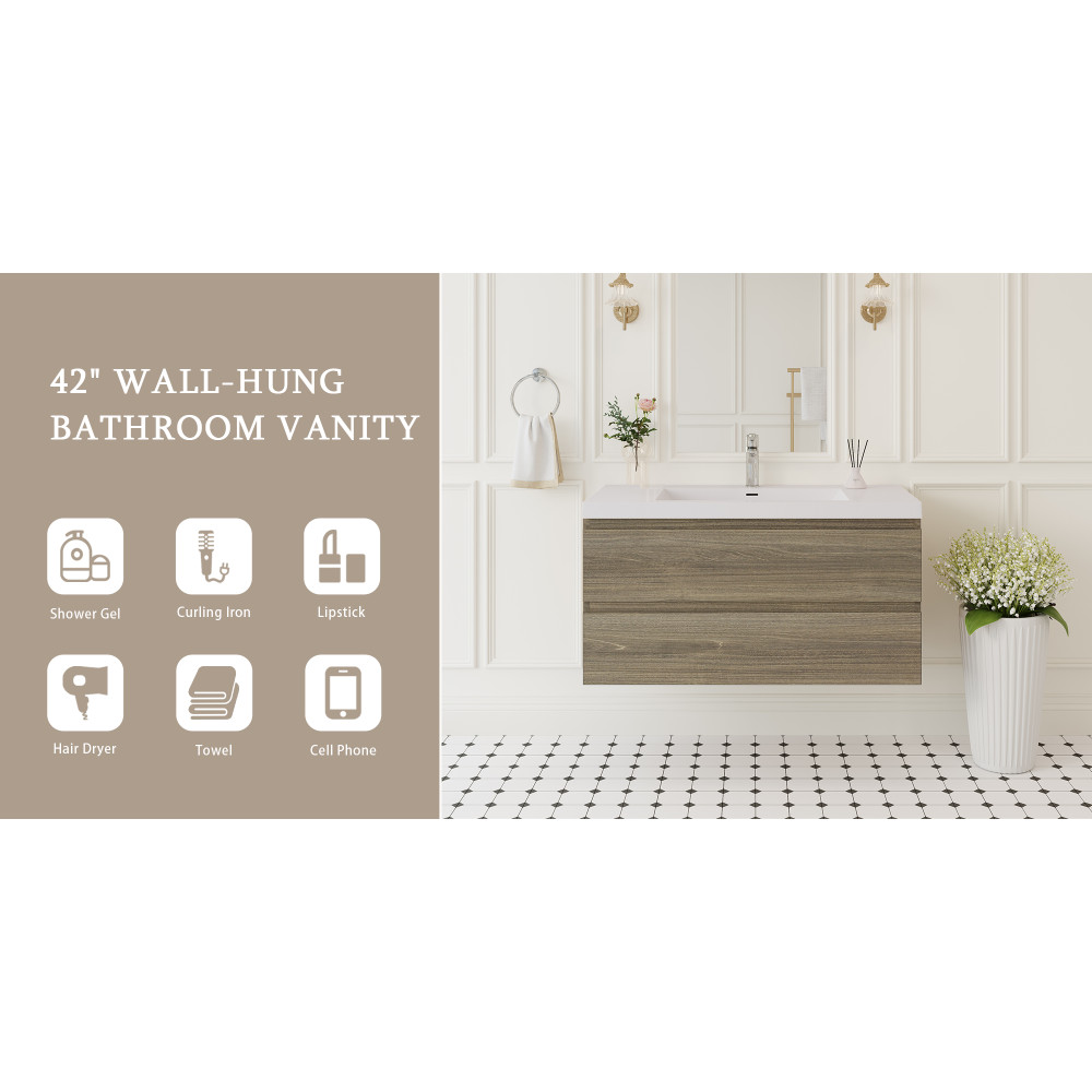 42″ Wall-Mounted Floating Bathroom Vanity with Sink & Soft Close Drawers – Grey