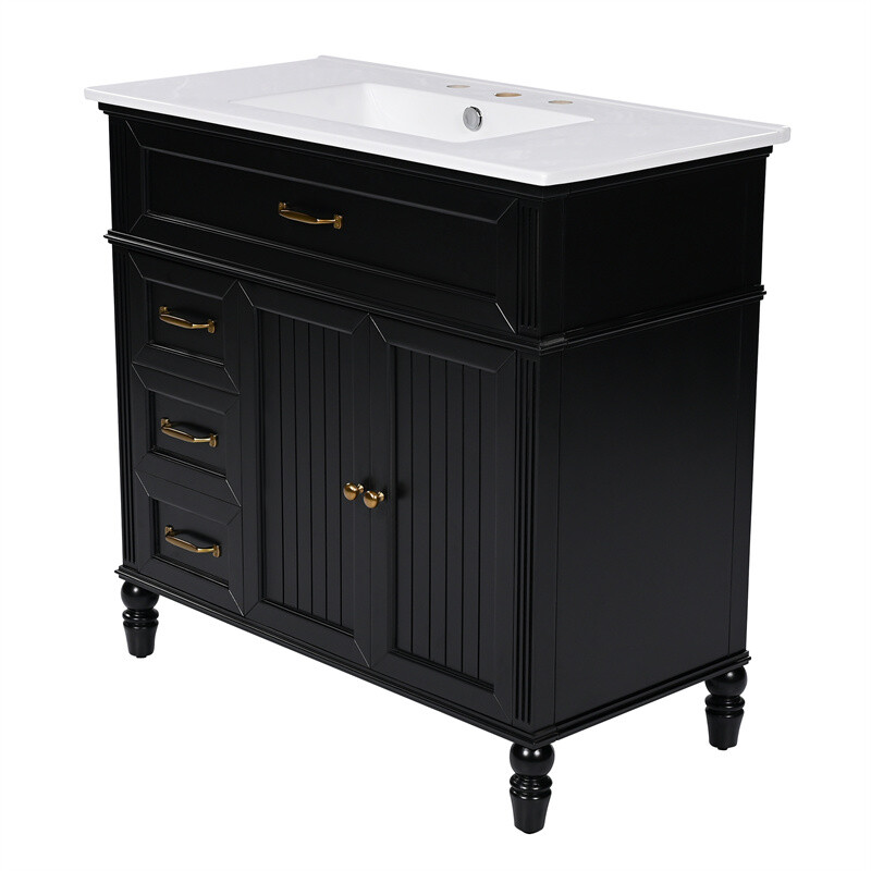 36″ Bathroom Vanity Set with Sink, Black Bathroom Cabinet w/3 Drawers & 2 Doors