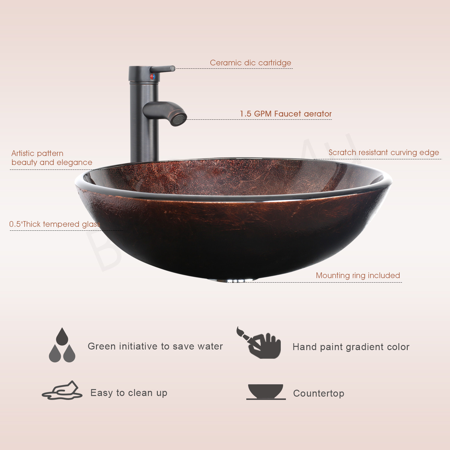 24″ Black Bathroom Vanity Set Round Tempered Glass Vessel Sink No Mirror