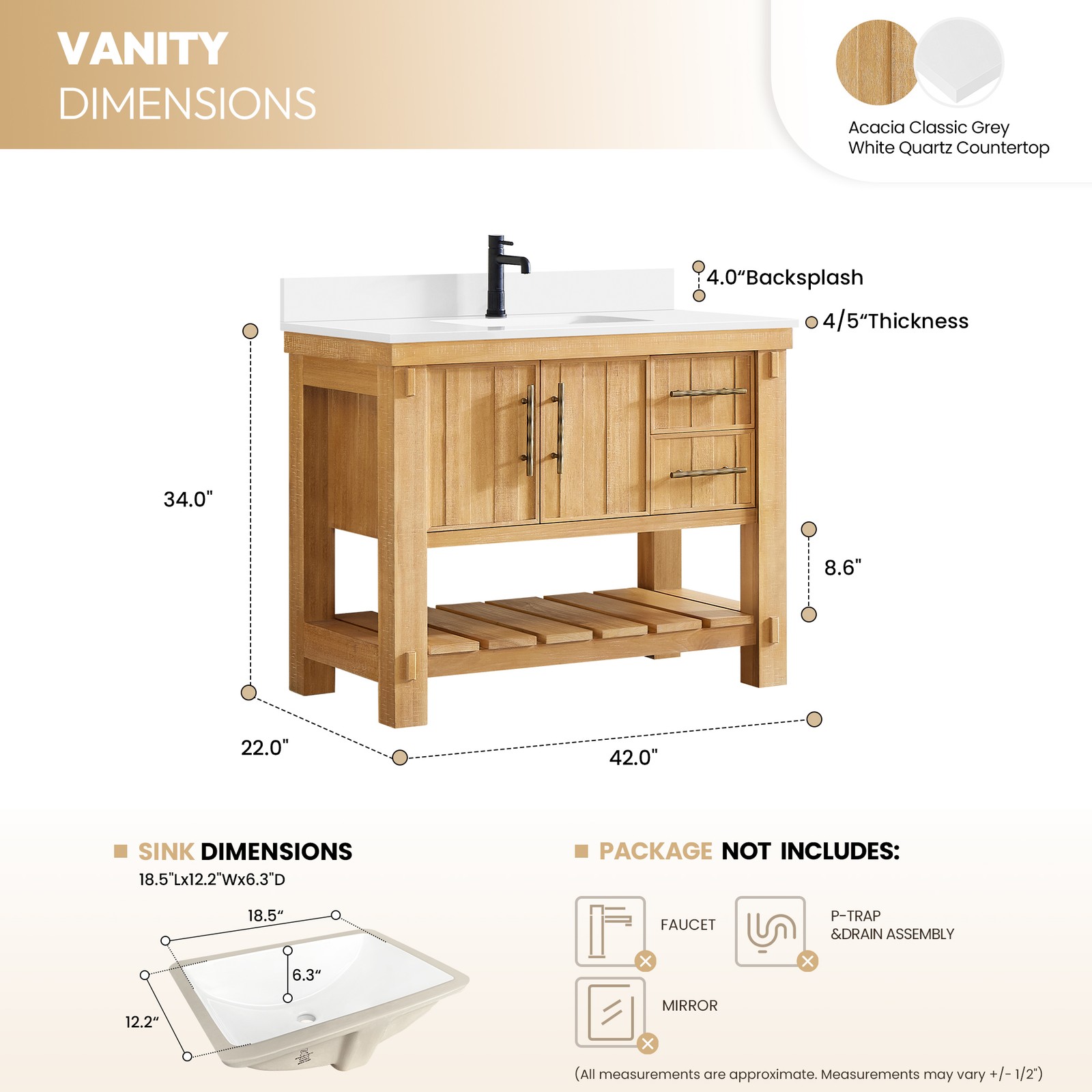 Paris 42″ Single Bath Vanity in Acacia Classic Grey with White Quartz Stone Top