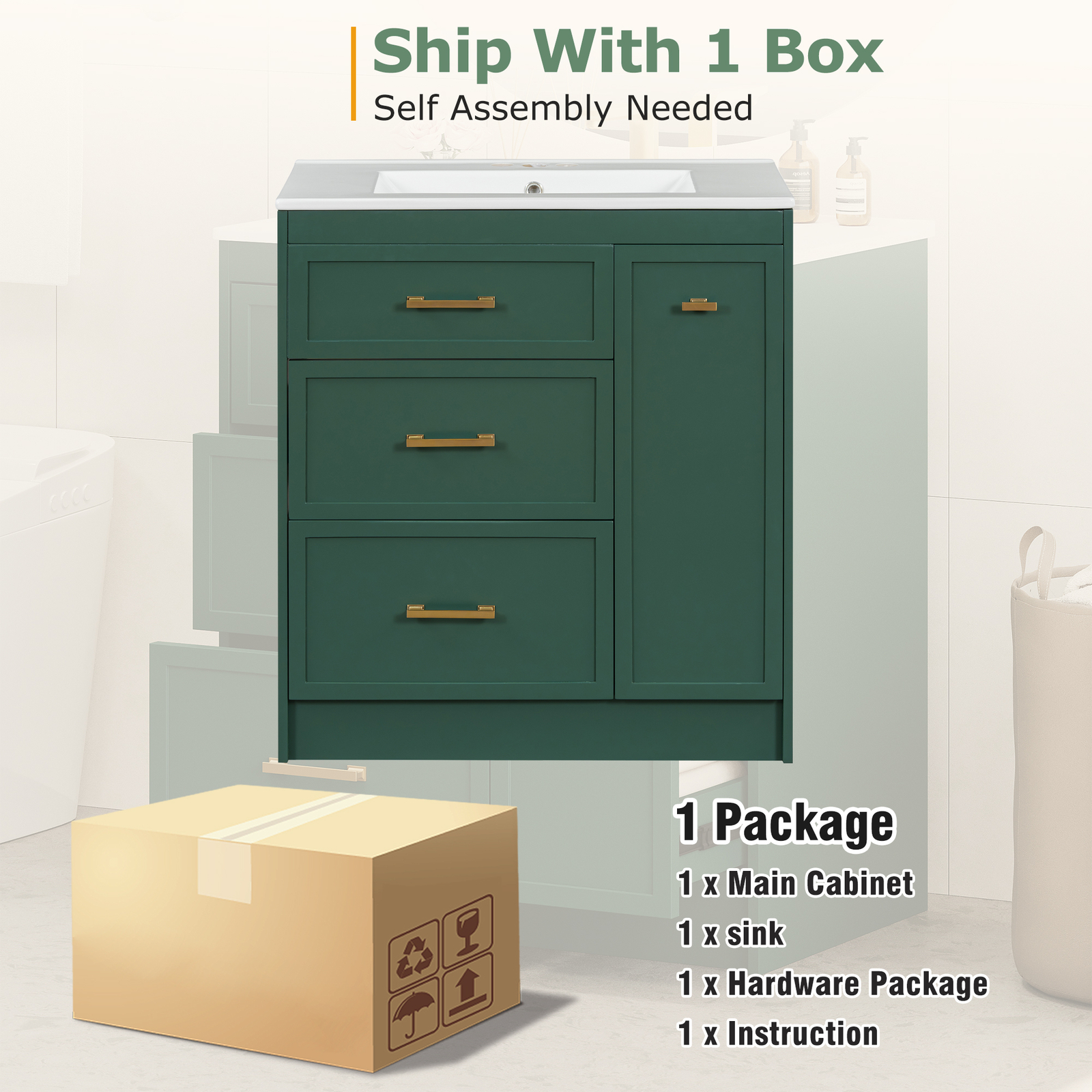 30″ Bathroom Vanity Set Floor Standing Bathroom Storage Cabinet w/Three Drawers