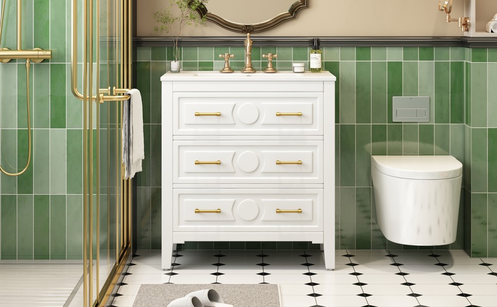 White 30″ Free Standing Bathroom Vanity w/ Ceramic Sink & 3 Drawers, Solid Wood