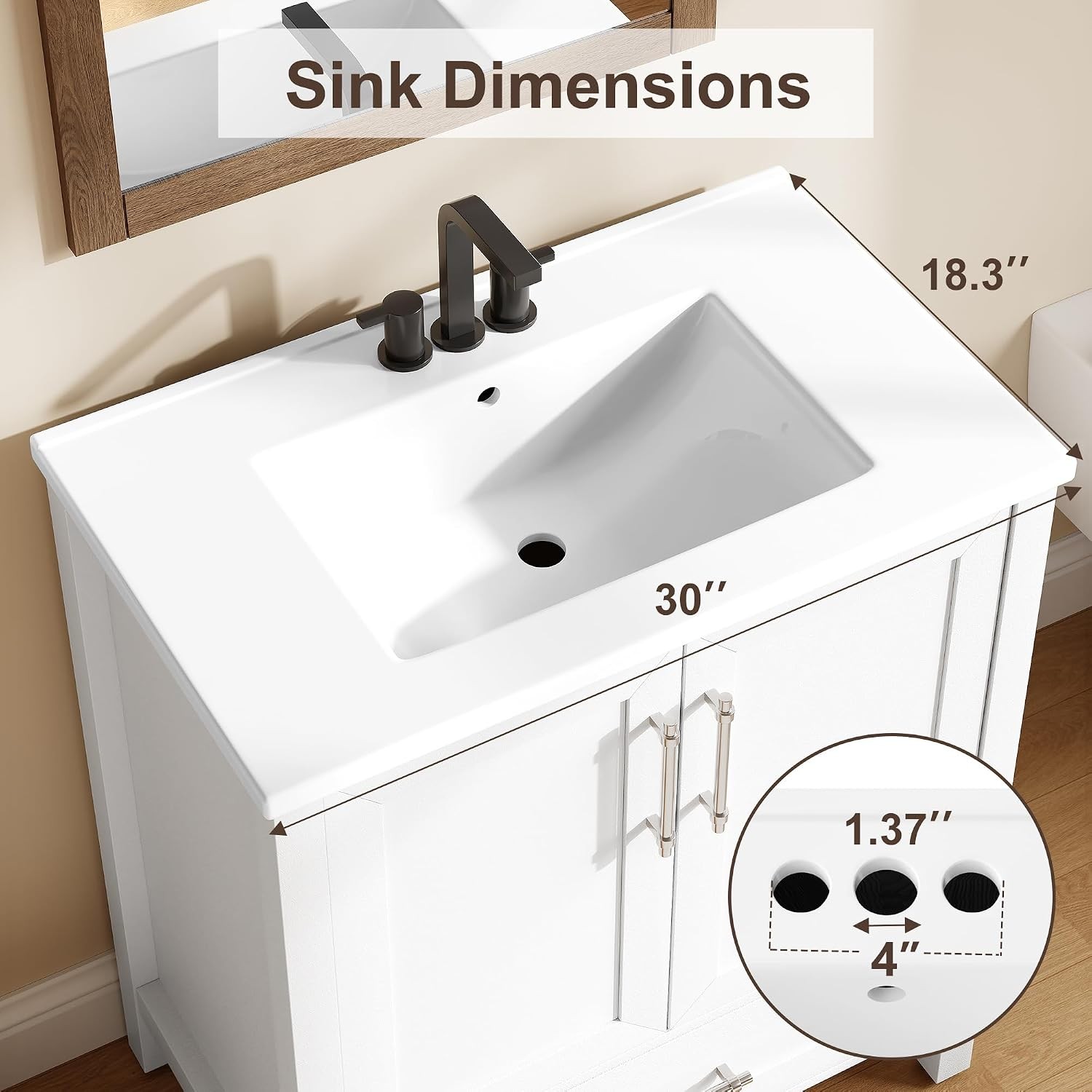 30” Freestanding Bathroom Vanity Modern Bath Storage Cabinet White with Drawer