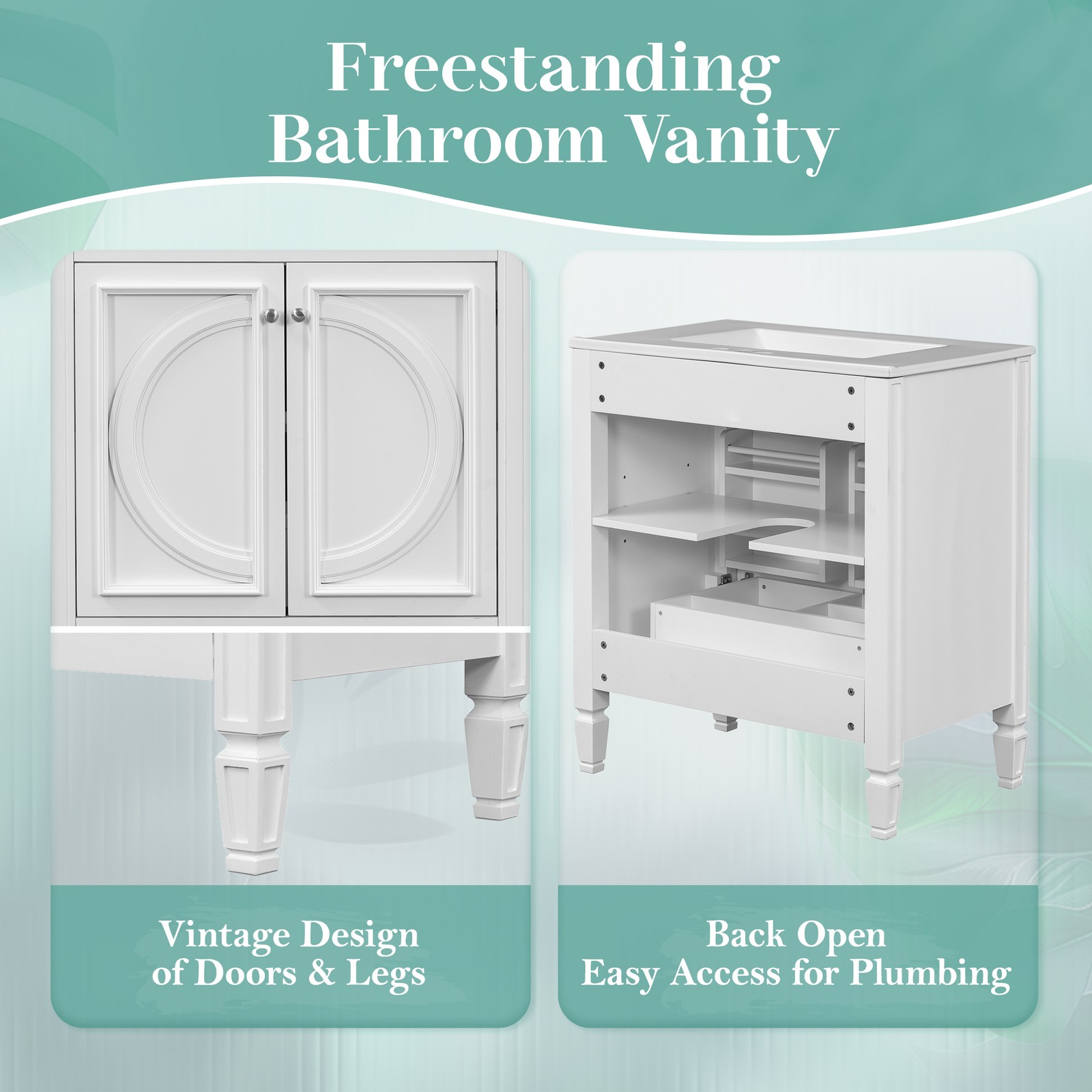 30″ Bathroom Vanity with Sink, Two Doors & Drawer, White