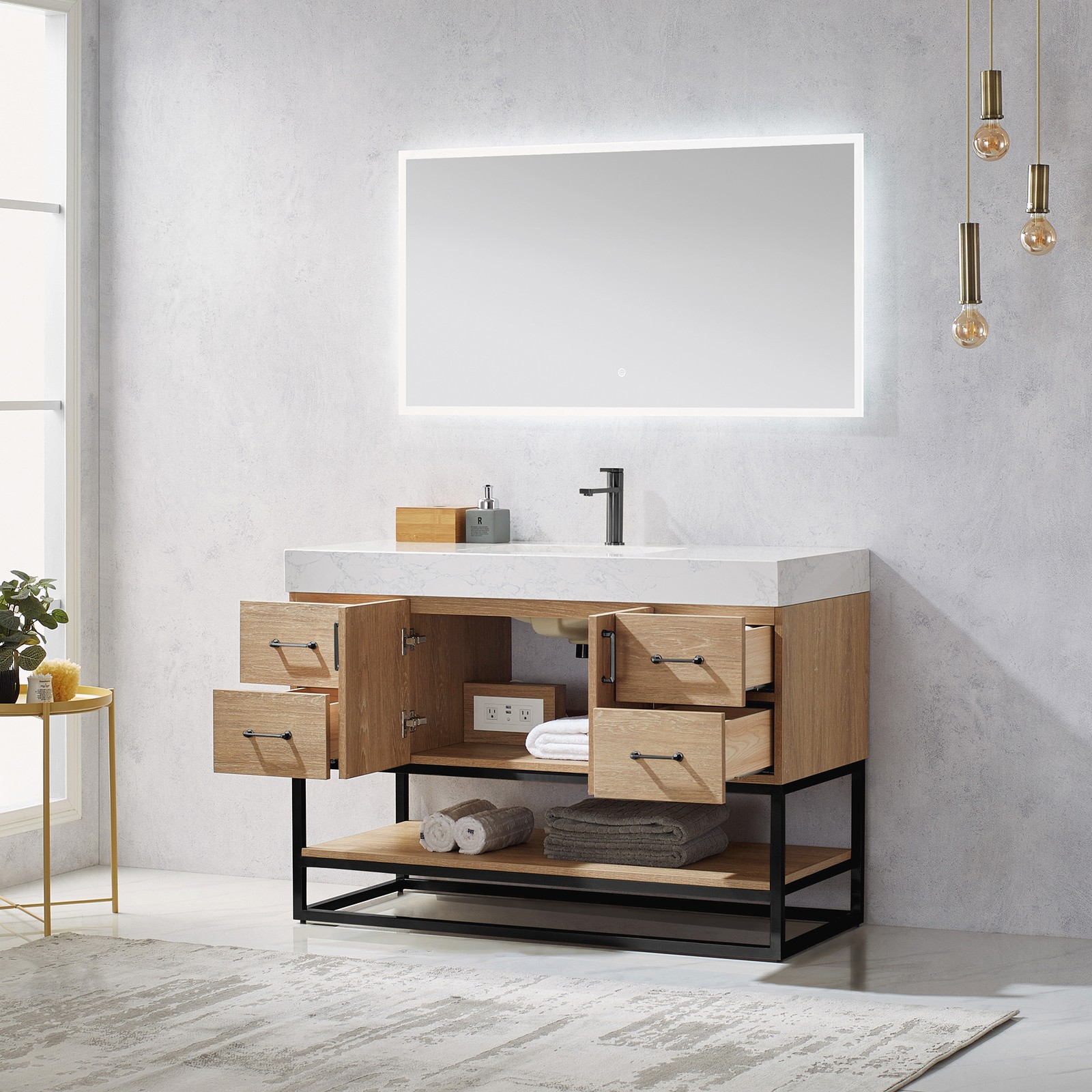 Vinnova Alistair 48″ White Stone Top Oak Single Vanity Black Frame w/o Mirror