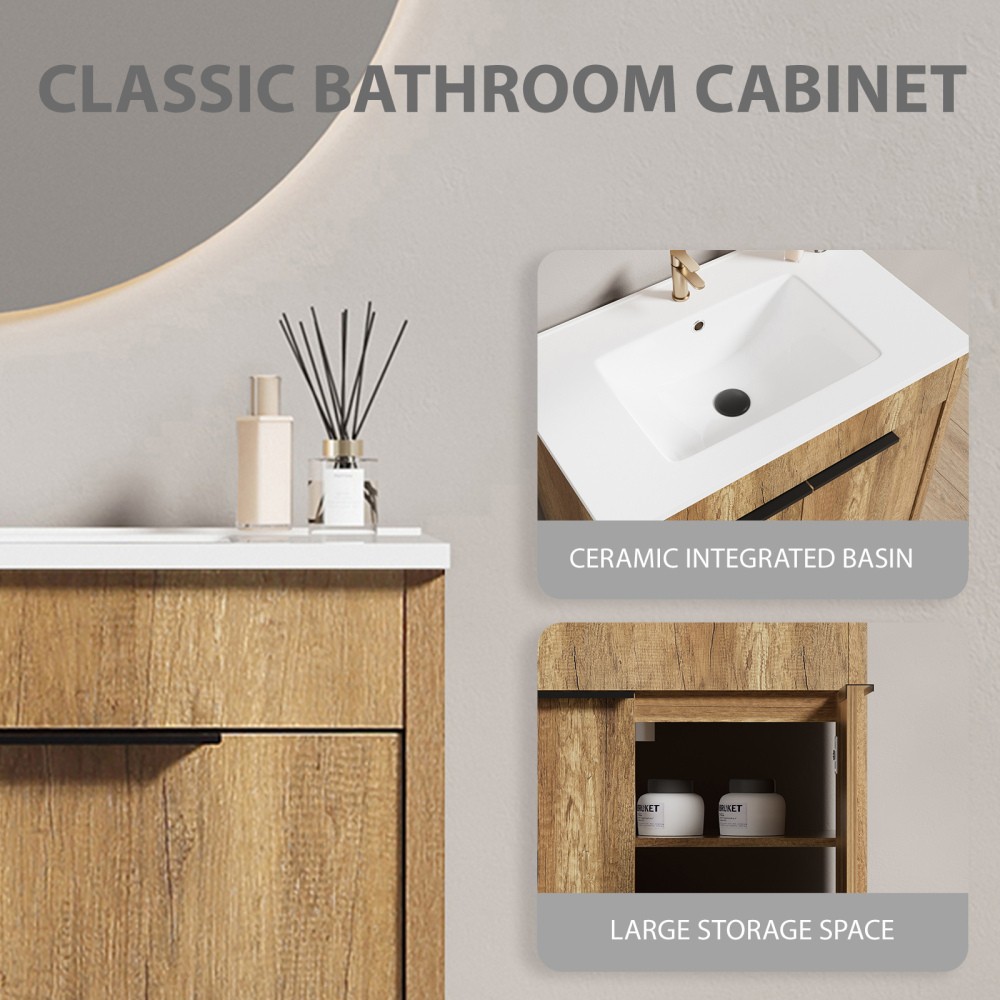 30in Vanity Bathroom with 3D Fluted Design & Integrated Sink, Free Ship