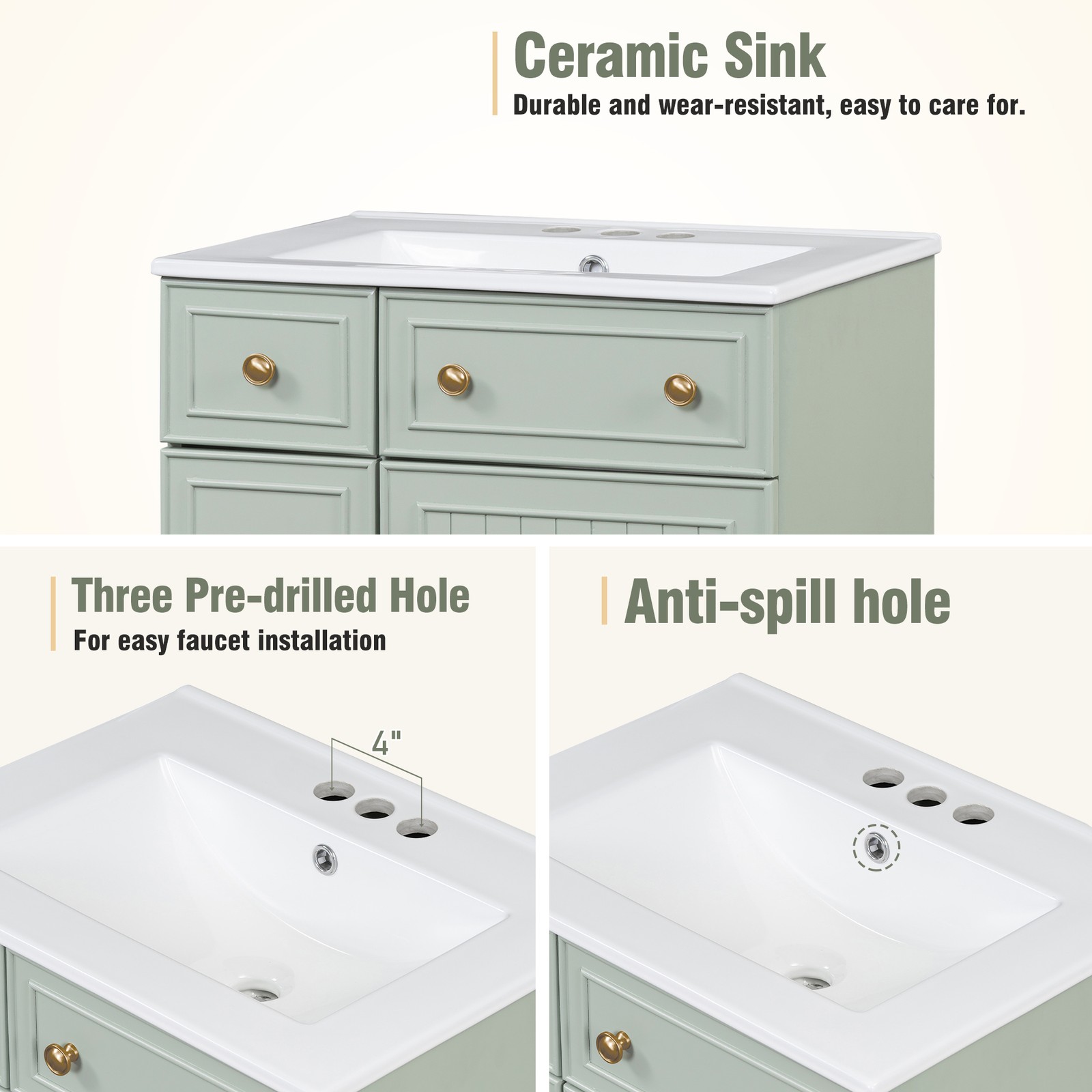 24″ Bathroom Vanity Cabinet with Ceramic Sink, 2 Drawers, 1 Door