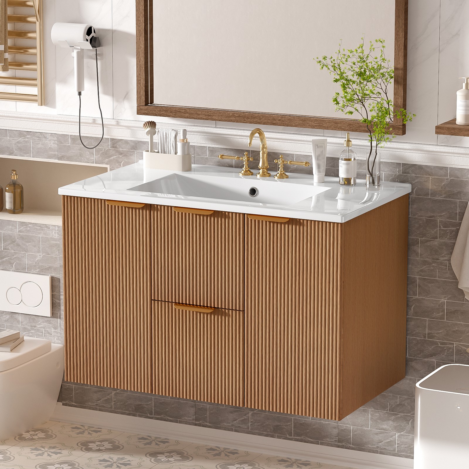 36 Inch Single Sink Bathroom Vanity with Ceramic Top, MDF Cabinet