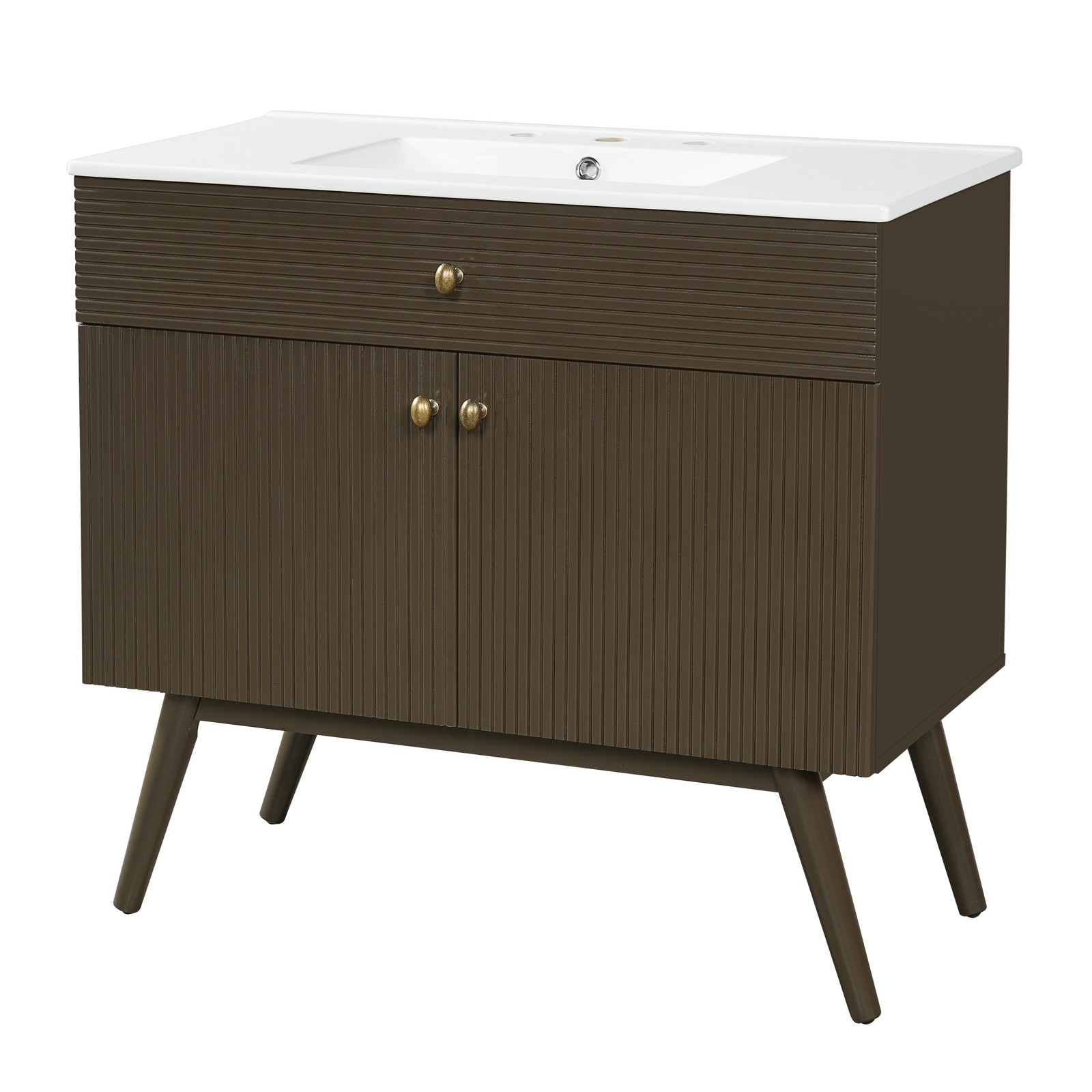 36″ Striped Bathroom Vanity, Soft-Close Dual-Door & Ceramic Sink, Dark Brown