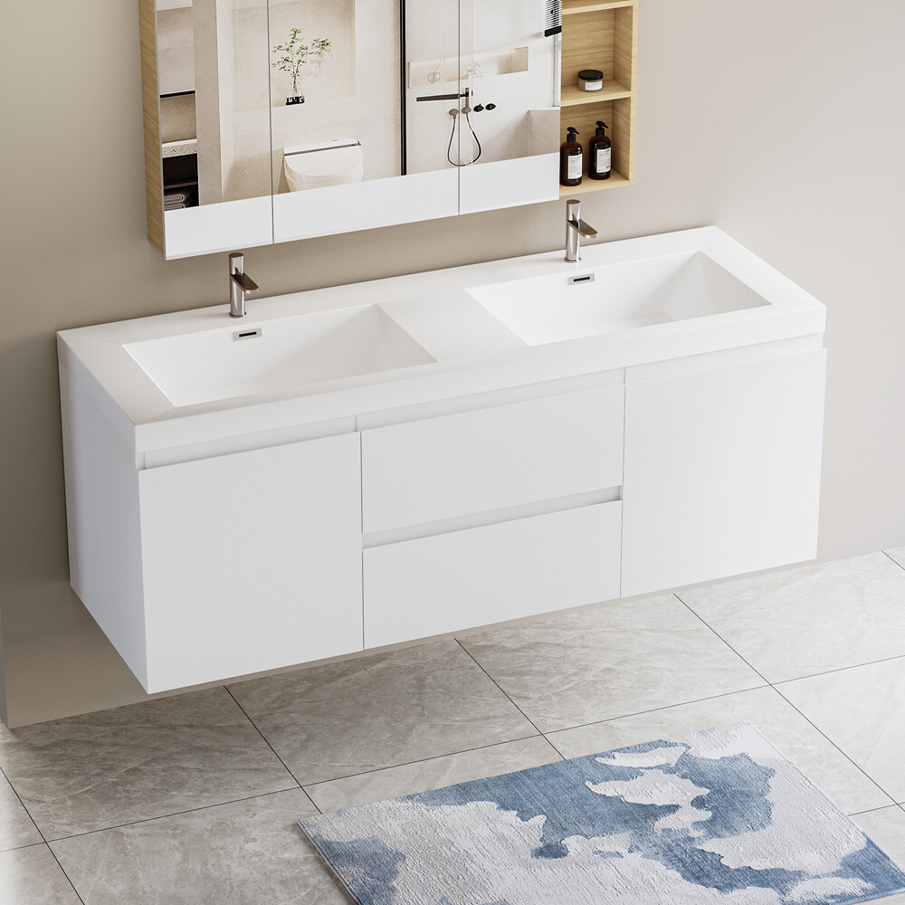 60″ Wall Mounted Bathroom Vanity w/Double Sink, Floating Vanity Cabinet,2 Drawer