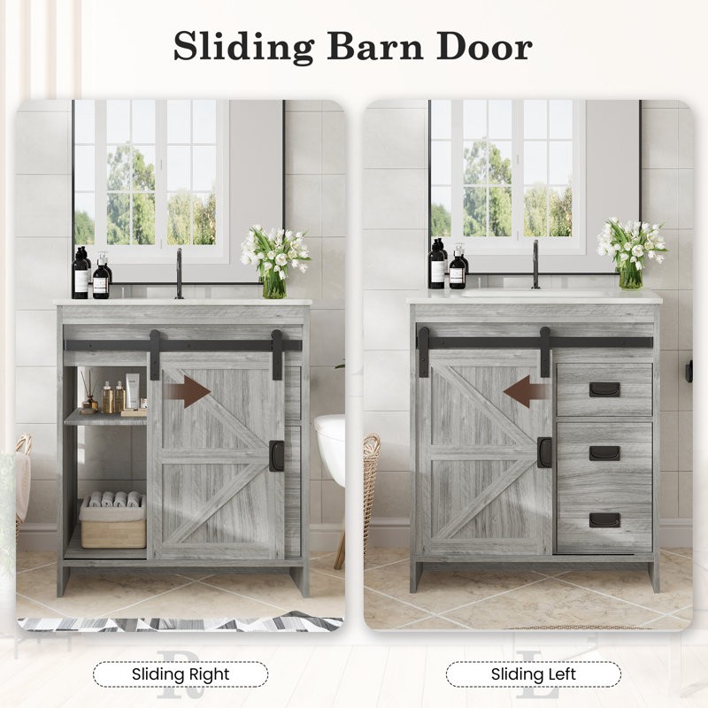 HOMMOW Farmhouse Single Bathroom Vanity with Top,Sliding Barn Door Sink Vanity