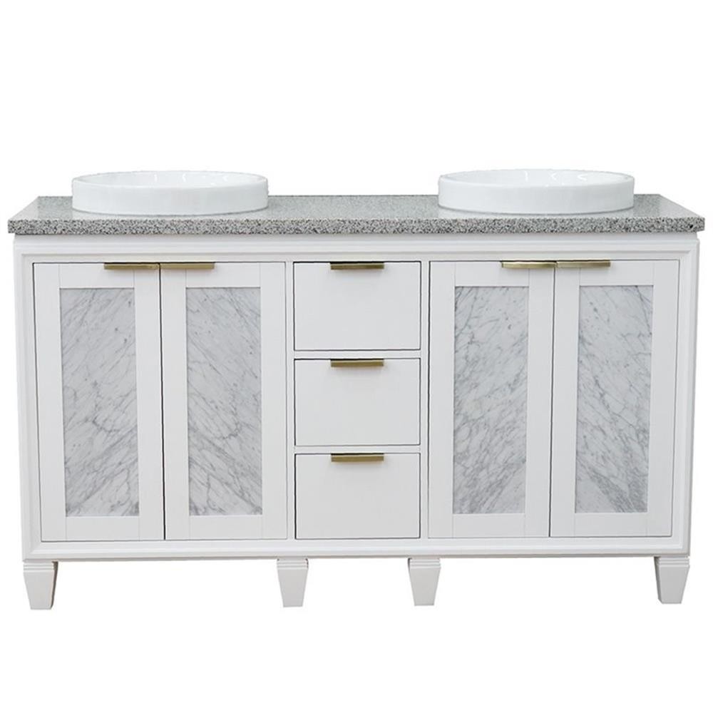 Pemberly Row 61″ Double Round Sink Solid Wood Vanity in White/Gray Granite Stone
