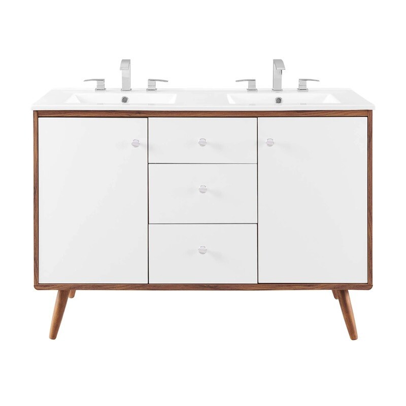 White Mid Century Modern Walnut Bathroom Vanity Ceramic Sink Single Double