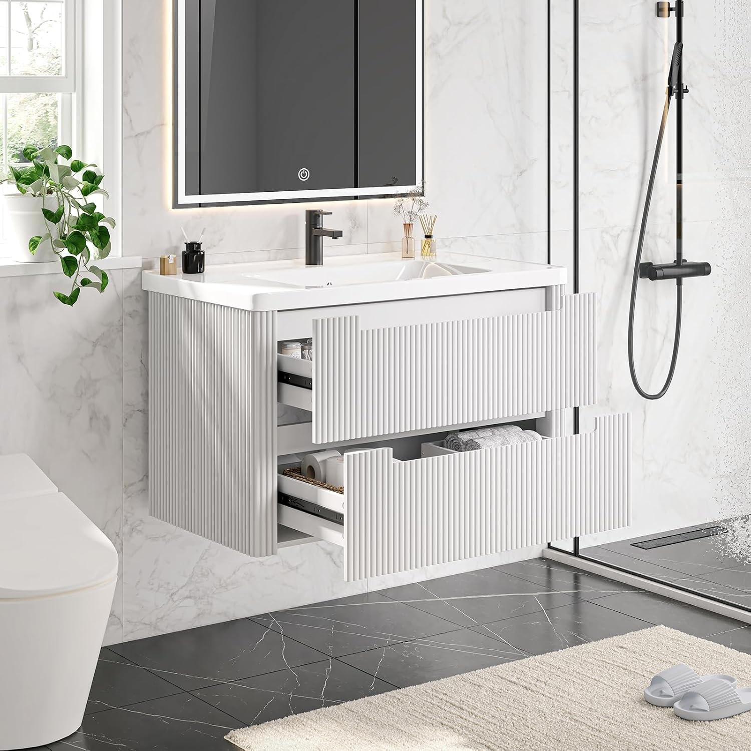 Modern Bathroom Vanity W/ Sink Combo Curved Floating Bath Vanity W/ 2 Drawers
