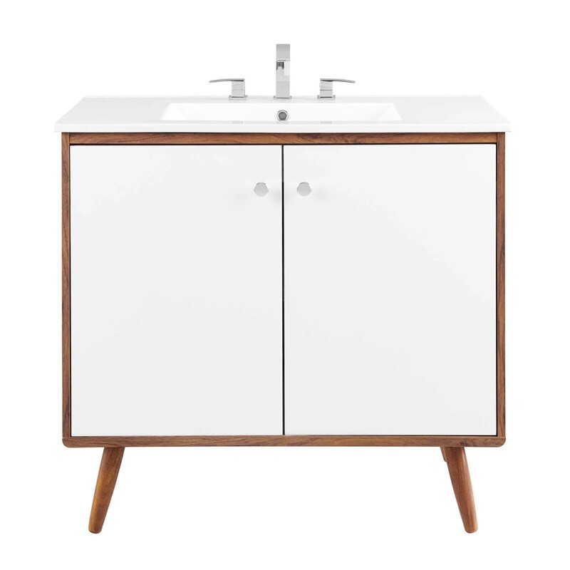 White Mid Century Modern Walnut Bathroom Vanity Ceramic Sink Single Double
