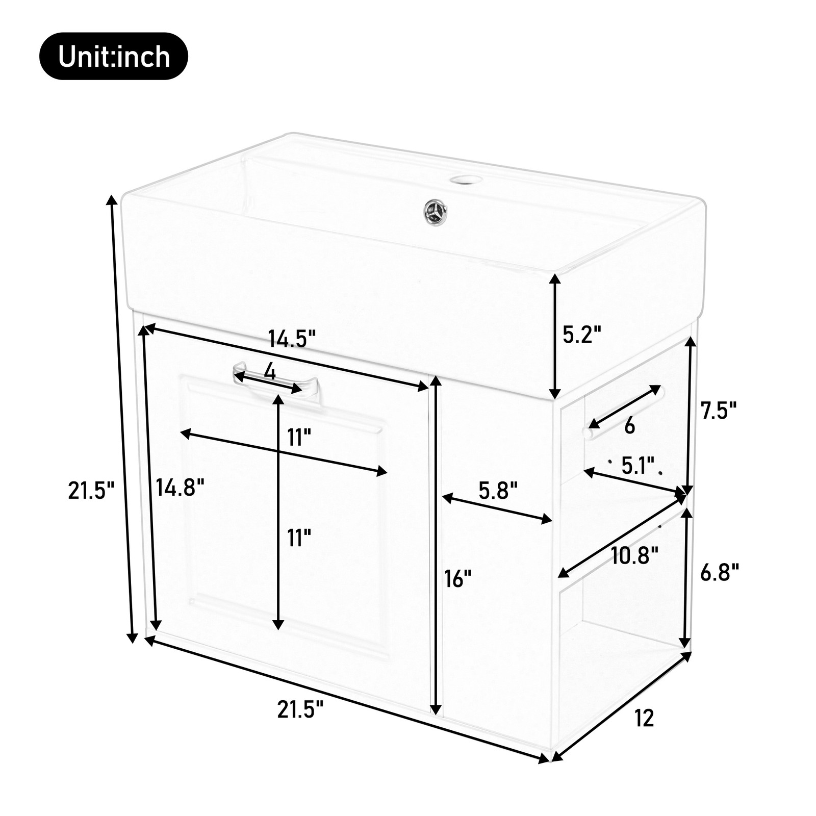 21.8″ Bathroom Vanity w/Ceramic Sink Wall Mounted Storage Cabinet w/Drawer