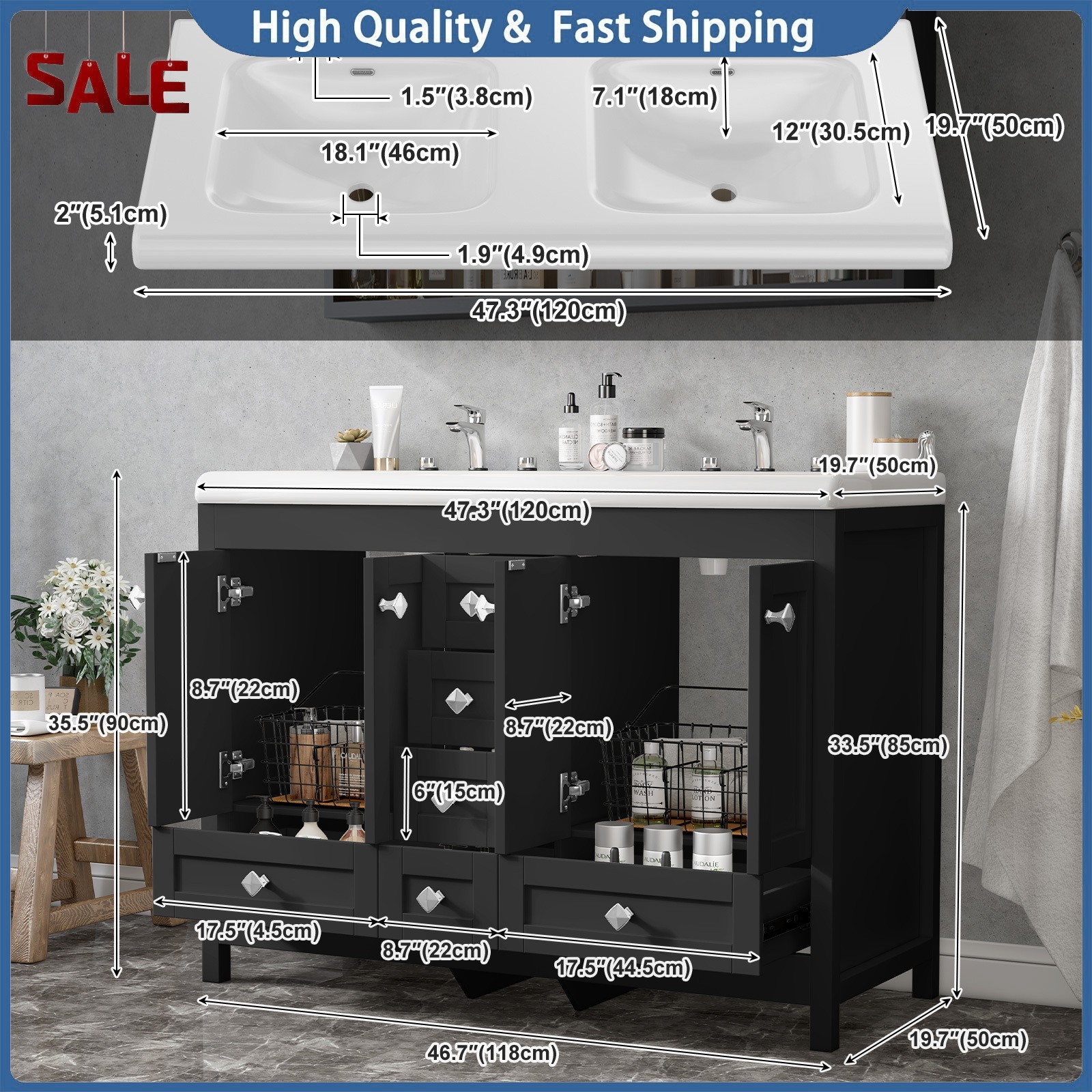 Bathroom Vanity Freestanding Double Basin Ceramic Sink Vanity Cabinet w/ Drawers