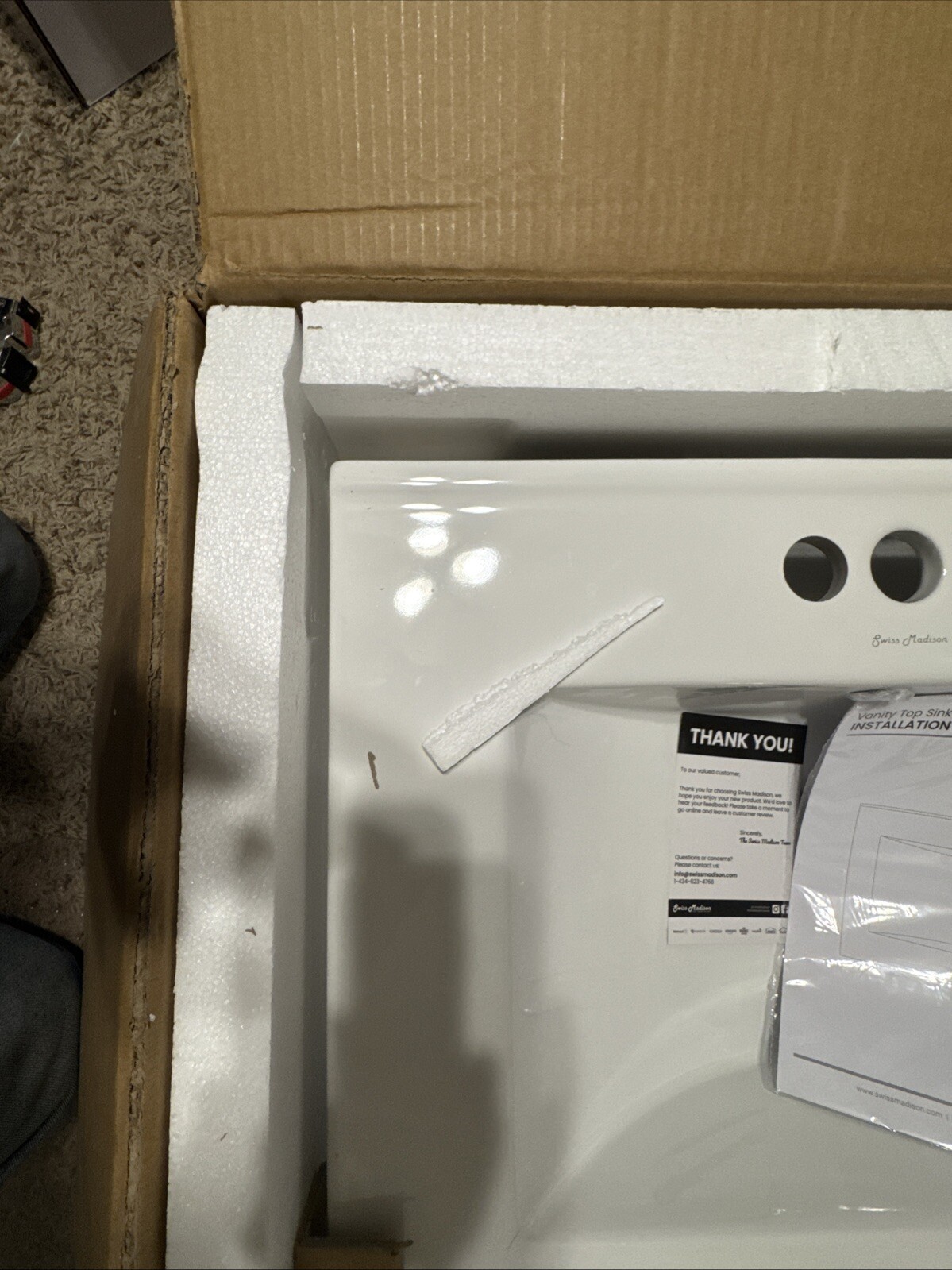 Swiss Madison 24 in. Ceramic Vanity Top with 3-Faucet Holes with White Basin