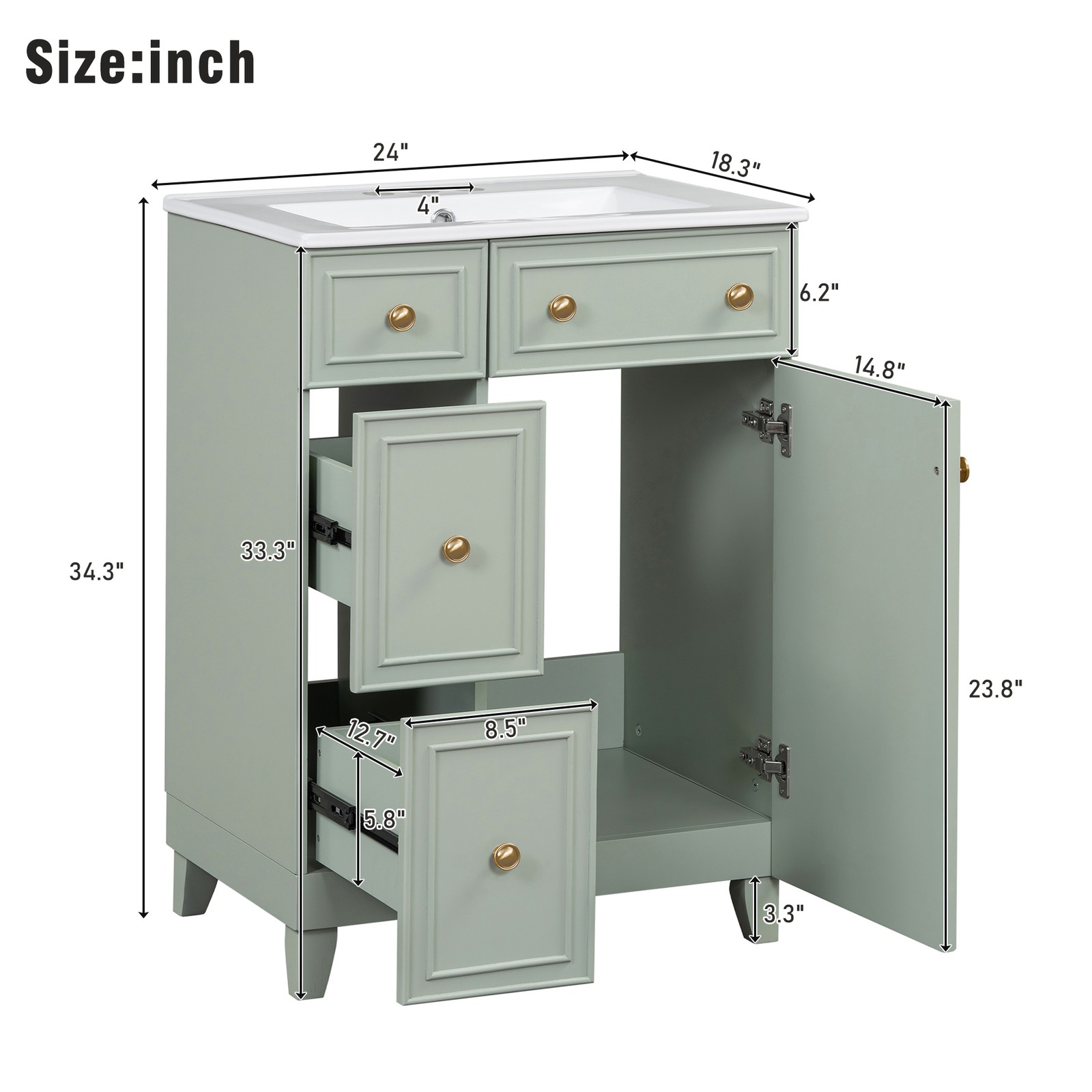 24″ Bathroom Vanity Cabinet with Ceramic Sink, 2 Drawers, 1 Door