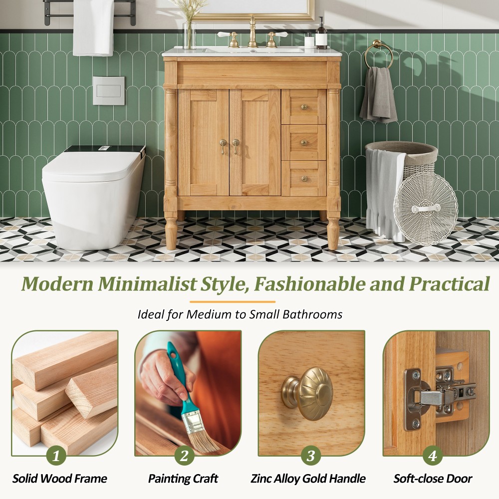 30-Inch Modern Bathroom Vanity, Solid Wood Frame + MDF, 2 Doors 3 Drawers