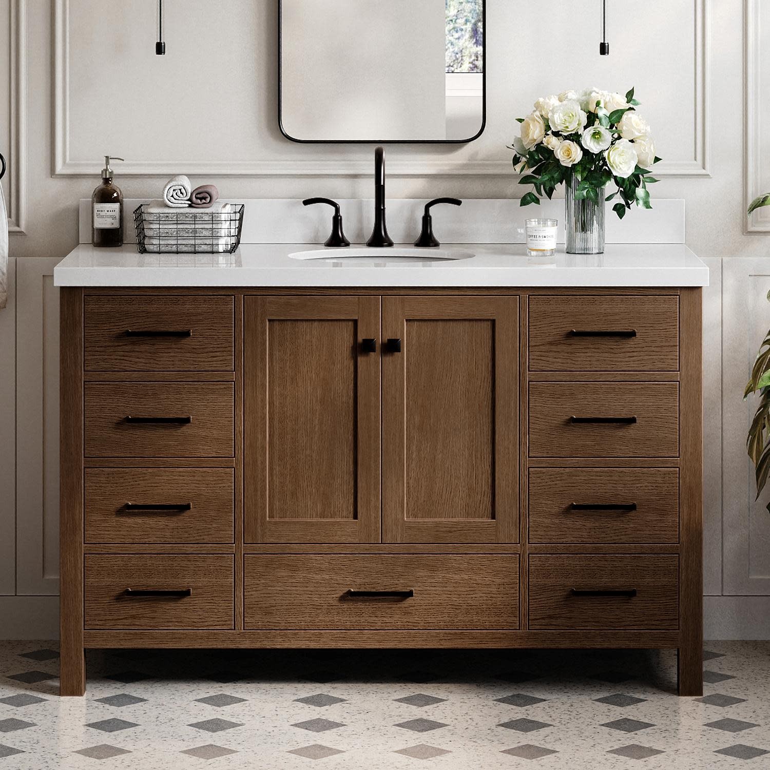 Ariel A055SWQOVO Cambridge 54″ – Brown Oak / Pure White Quartz / Satin Brass