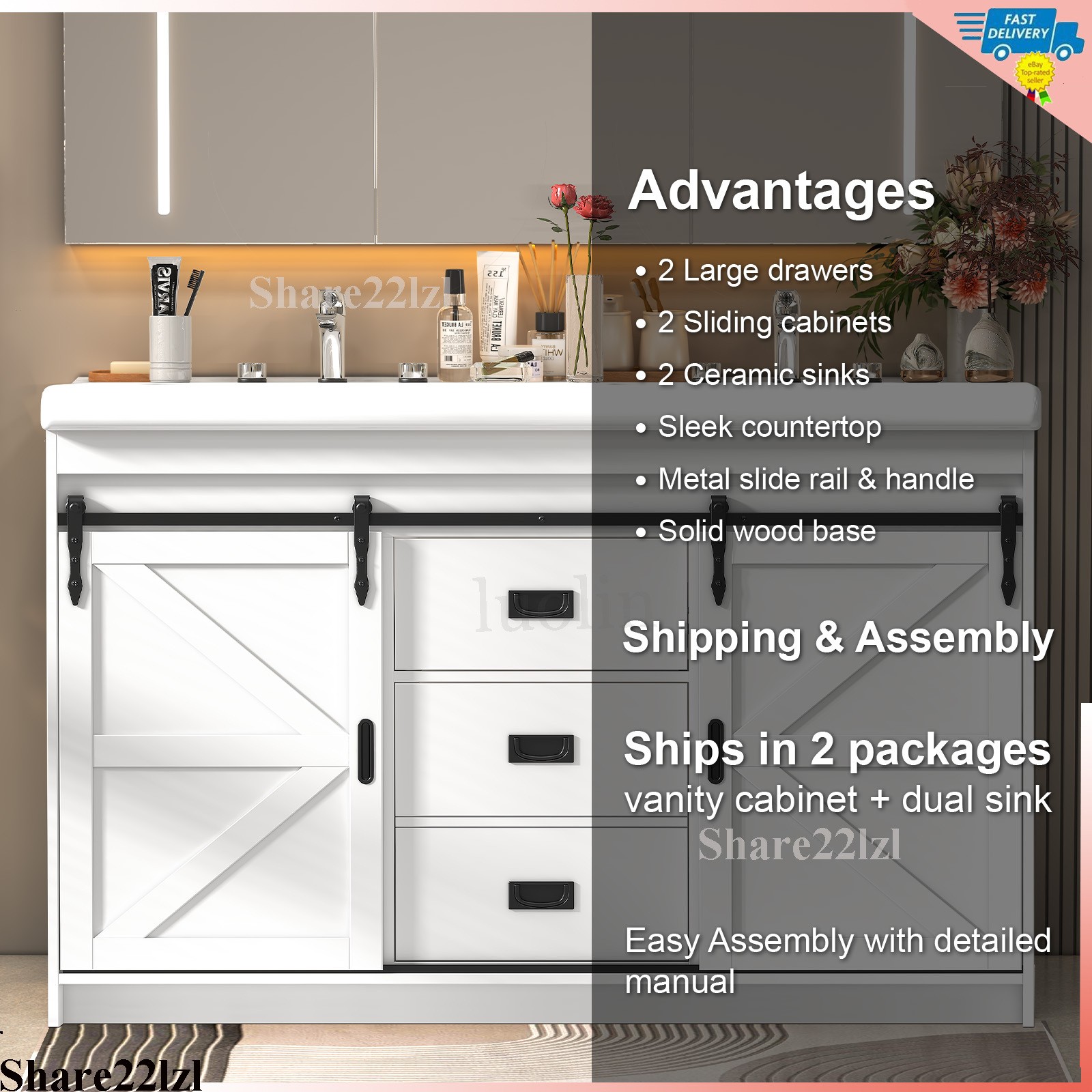 47″ Bathroom Vanity with Ceramic Sink Modern Storage Cabinet w/Soft Close Doors
