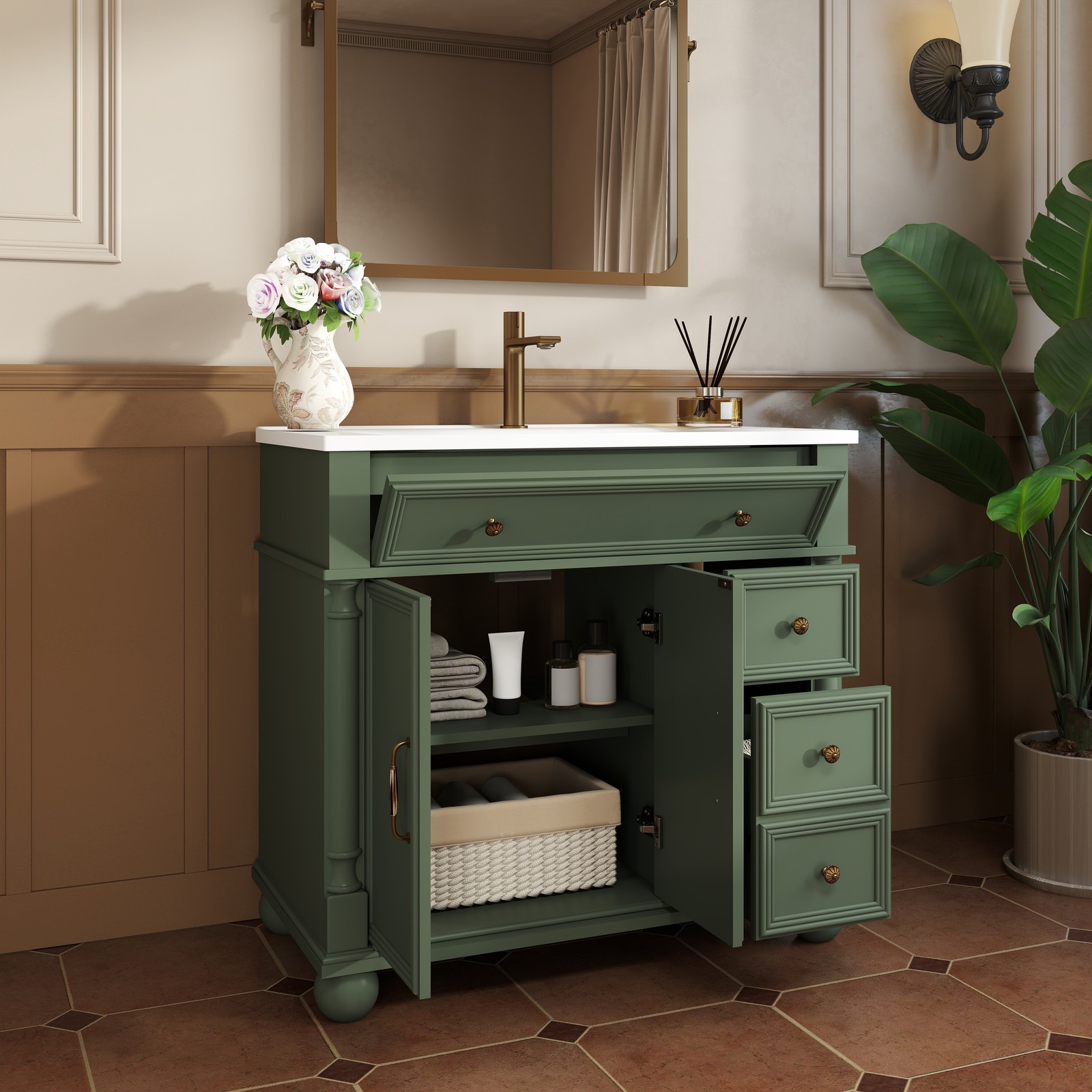 35.6″ Mid-Century Bathroom Cabinet Bathroom Vanity Sink with Roman Column Base