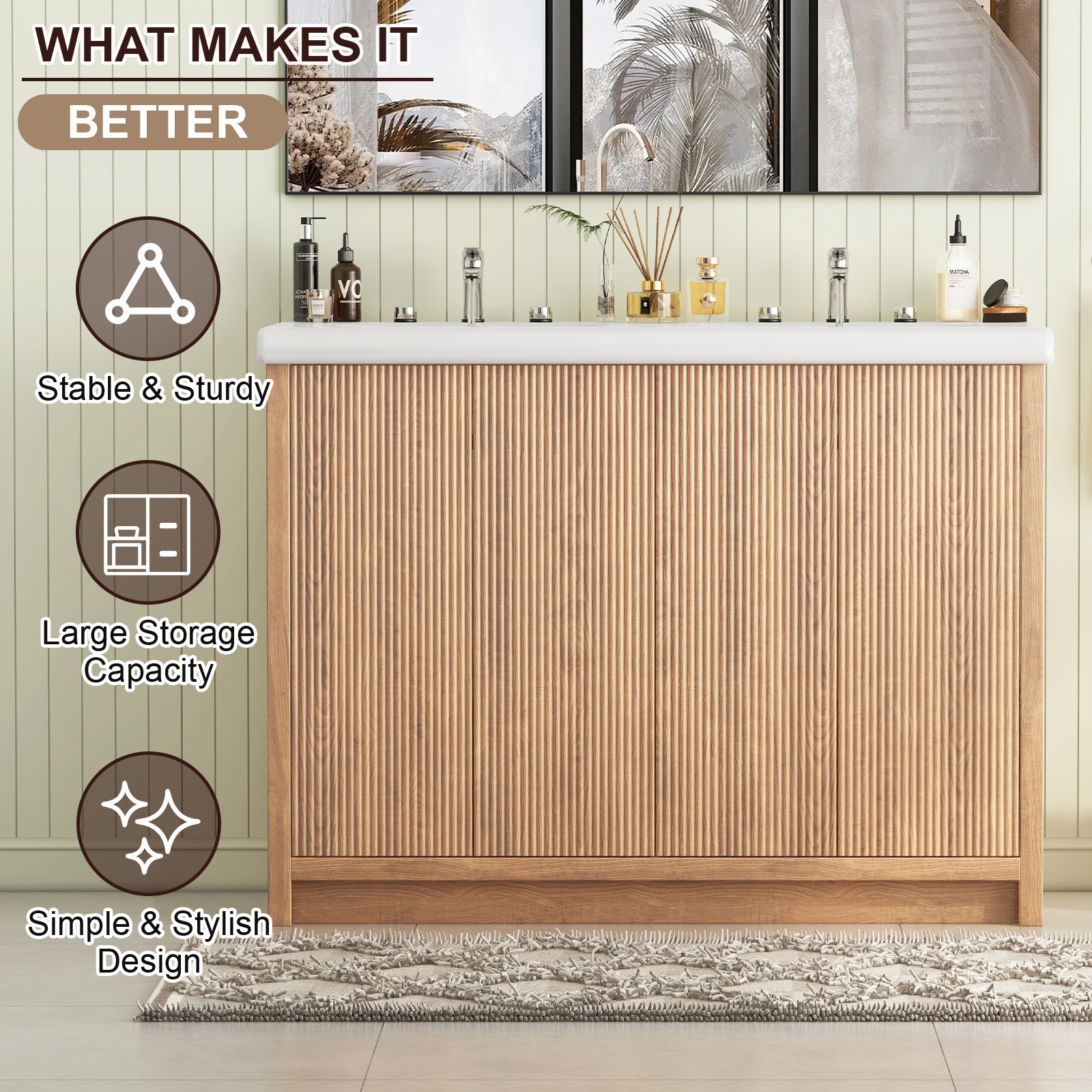 47.3″ Double Sink Bathroom Vanity Wood Grain Modern 2 Basin Storage Cabinet