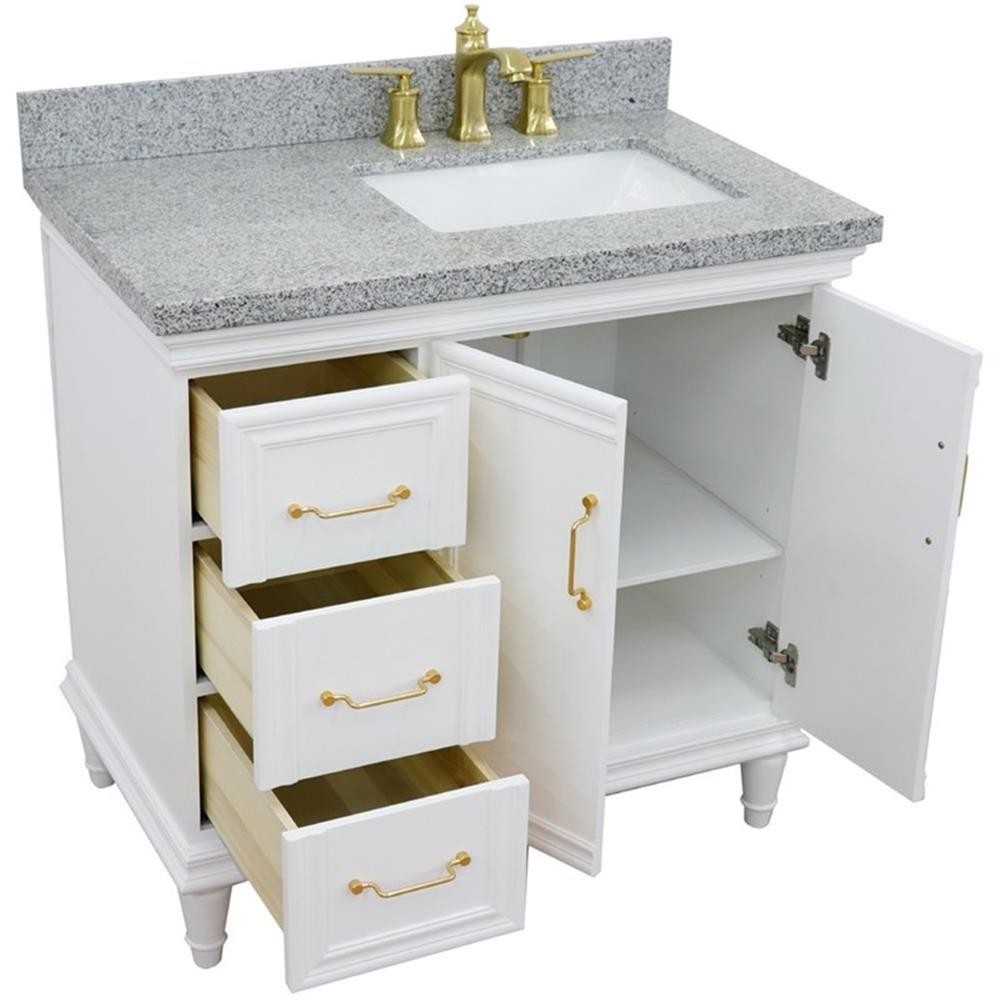 37 in. Single Wooden Vanity White Gray Granite Rectangle Right Door.Right Sink