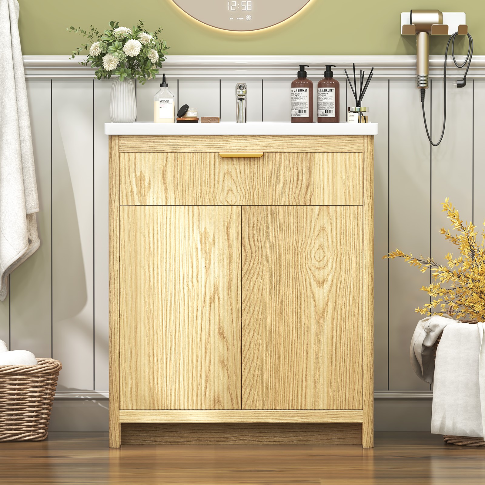 23.6 Inch Elegant Bathroom Vanity Set with Solid Wood Frame with Ceramic Sink
