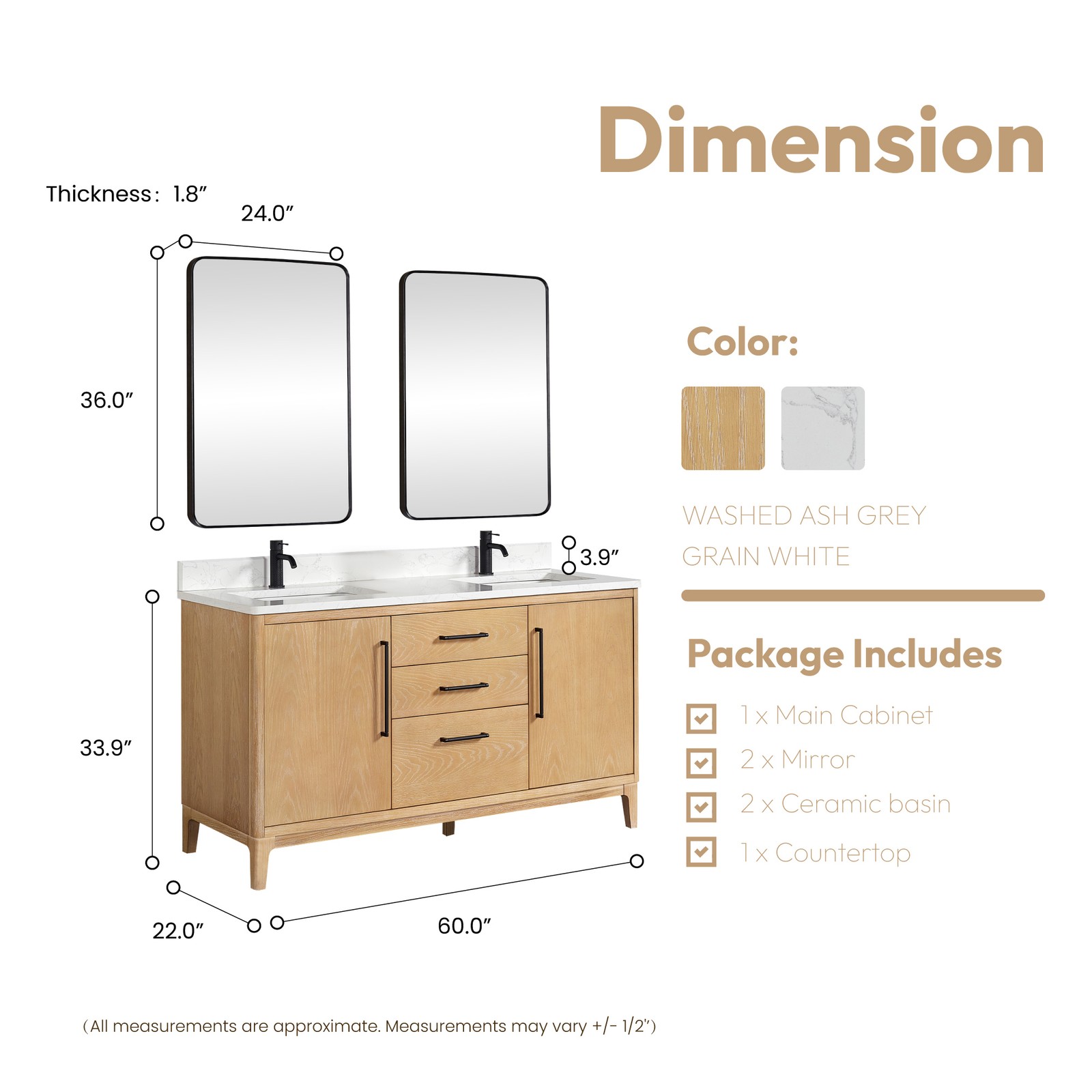 Gara 60M” Double Bath Vanity in Washed Ash Grey w/White Grain Composite & Mirror