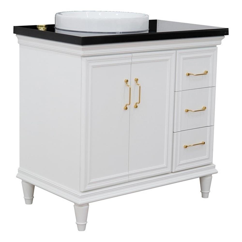 37 in. Single Wooden Vanity White Black Galaxy Round Left Door.Left Sink