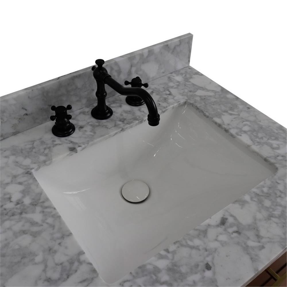61 in. Double Wooden Vanity Walnut Black White Carrara Marble Rectangle Sink