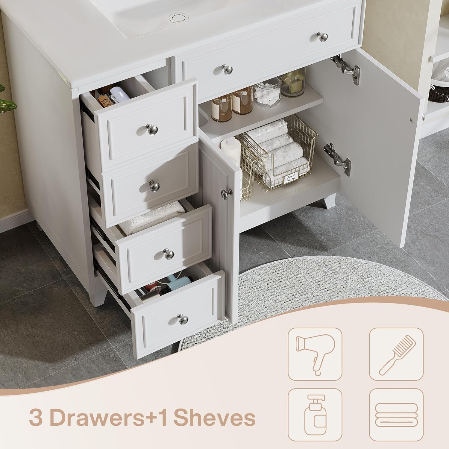36″ Bathroom Vanity with Sink, Bathroom Sink Cabinet with 5 Drawers & 2 Doors