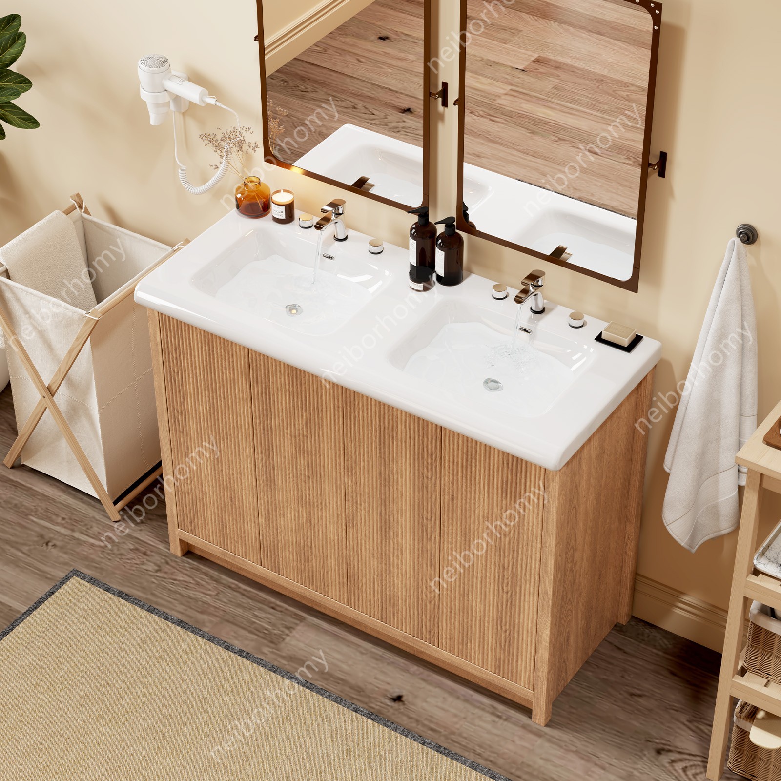 47.3 inch Double Sink Bathroom Vanity Wood Grain Modern 2 Basin Storage Cabinet