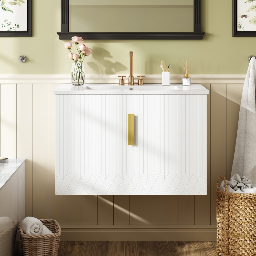 Bathroom Vanity W Ceramic Sink Three-Hole Mounting Features Two Soft-Close Doors