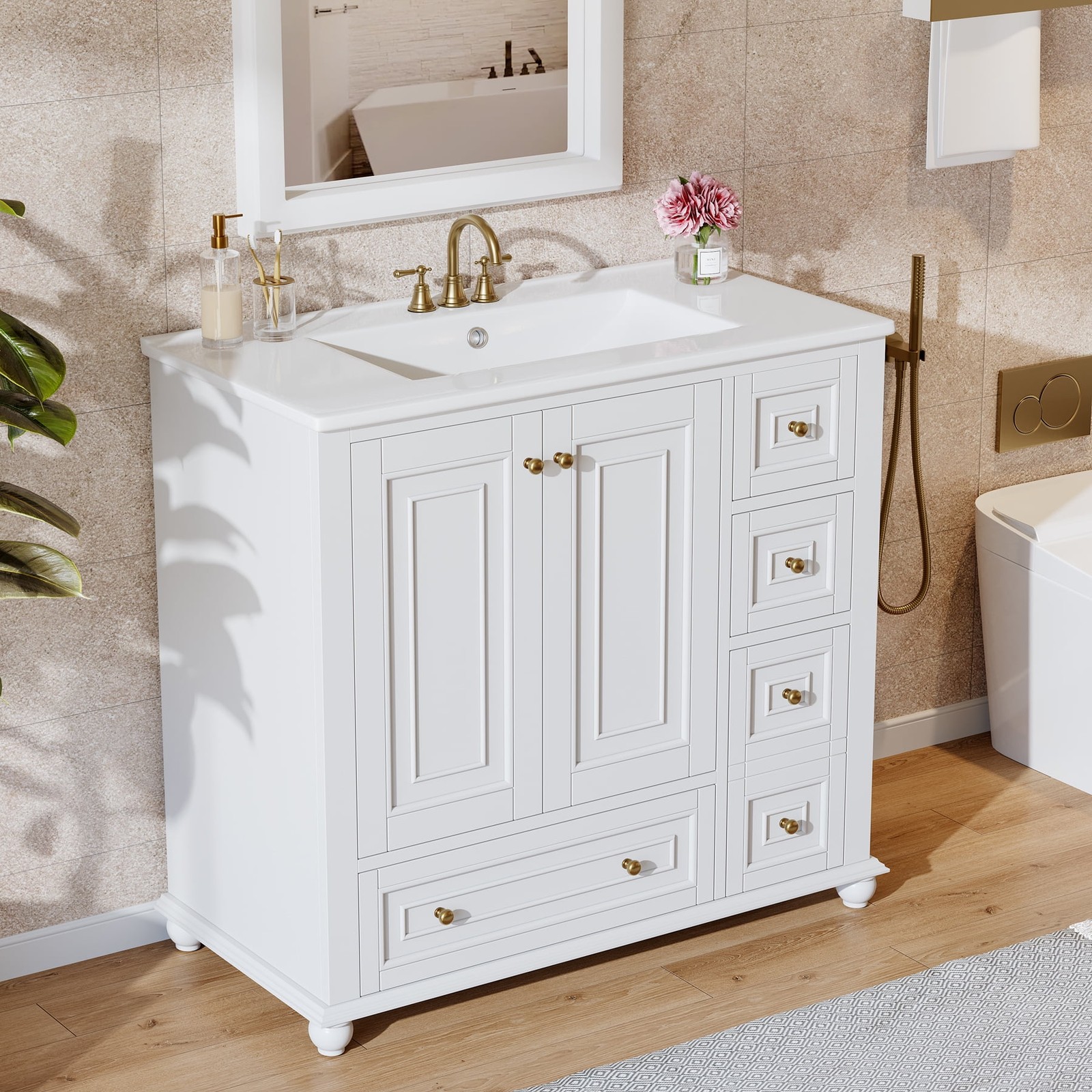 36” Bathroom Vanity with Ceramic Sink，Modern Wood Storage Cabinet with Drawers