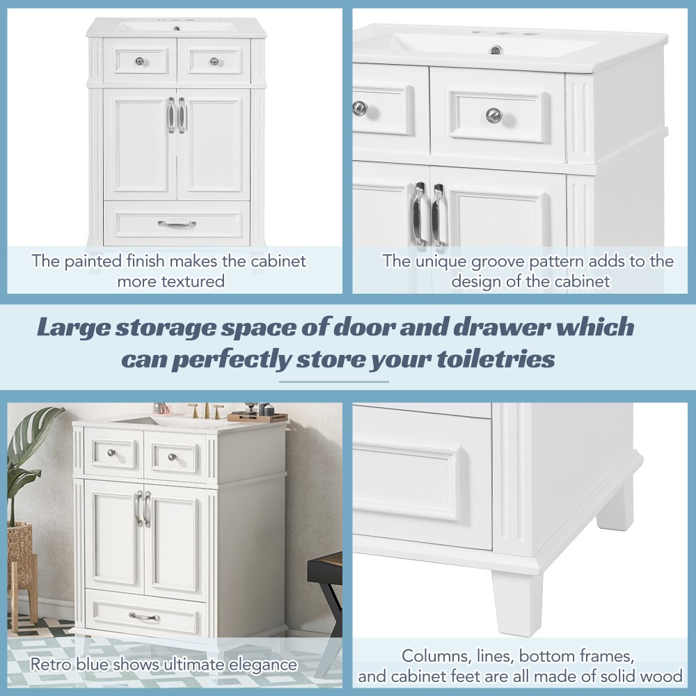 24″ Bathroom Vanity w/ Ceramic Sink, Solid Wood Frame, Soft Close Doors, White