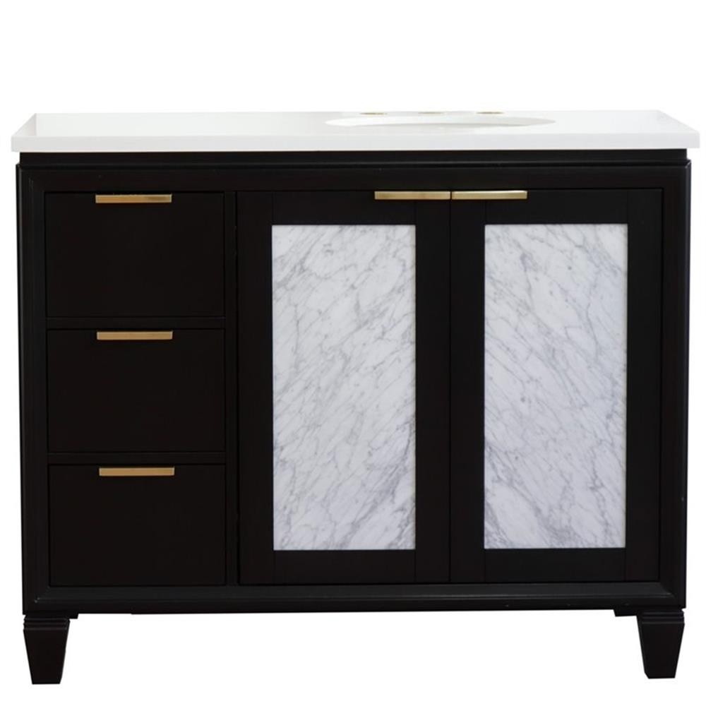 Pemberly Row 43″ Solid Wood Vanity w/ Right Oval Sink in Blue/White Quartz Stone