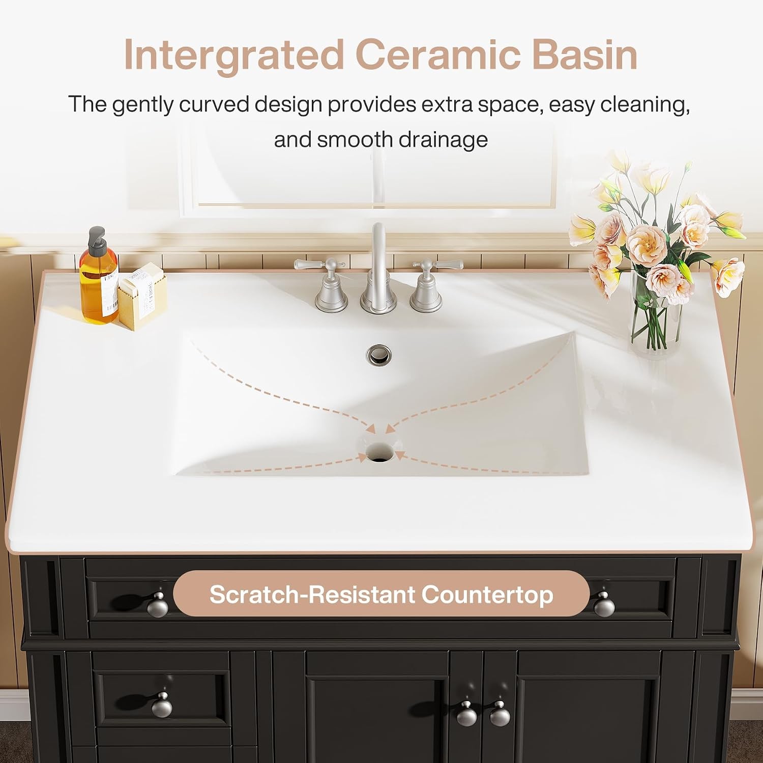 Tribesigns 36″ Bathroom Vanity with Sink,Bathroom Sink Cabinet 4 Drawers& 2Doors