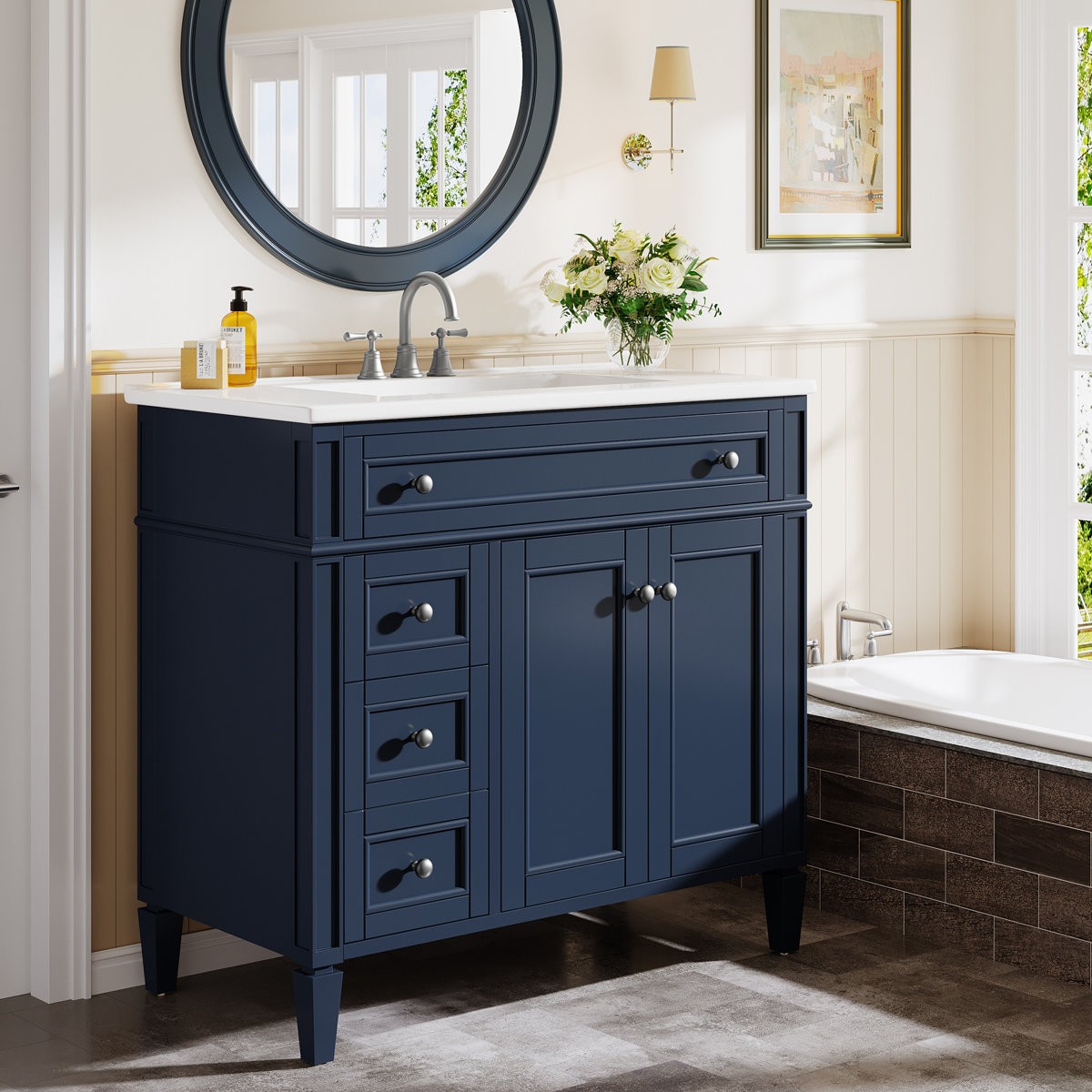 36inch Modern Bathroom Sink Cabinet with 4 Drawers & 2 Doors Bath Storage Vanity