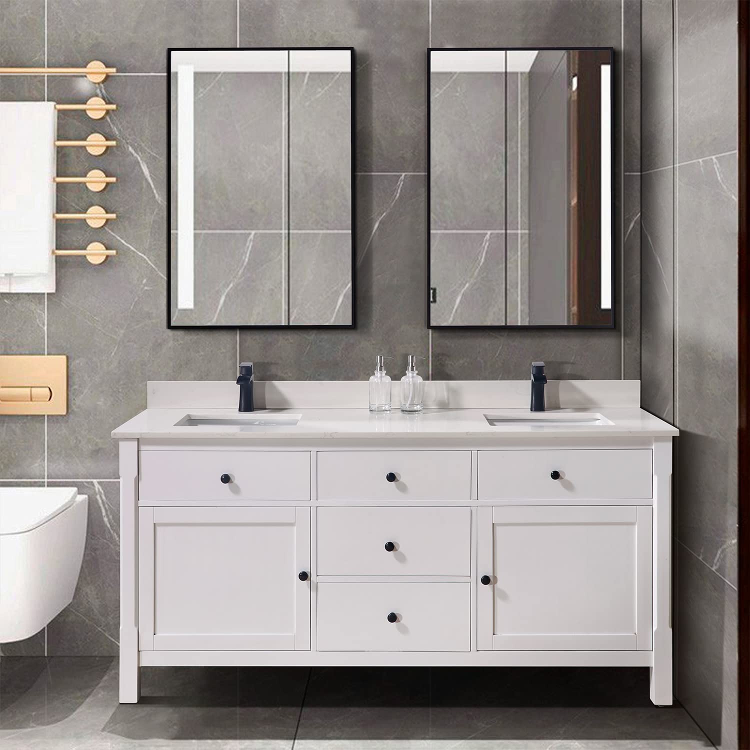 Pemberly Row Modern 73″ Composite Stone Double Vanity Top White
