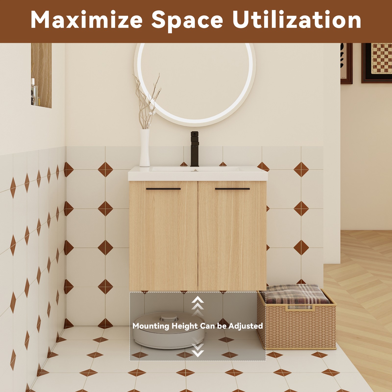 24″ Floating Bathroom Vanity with Sink, Light Oak Cabinet, Wall Mounted