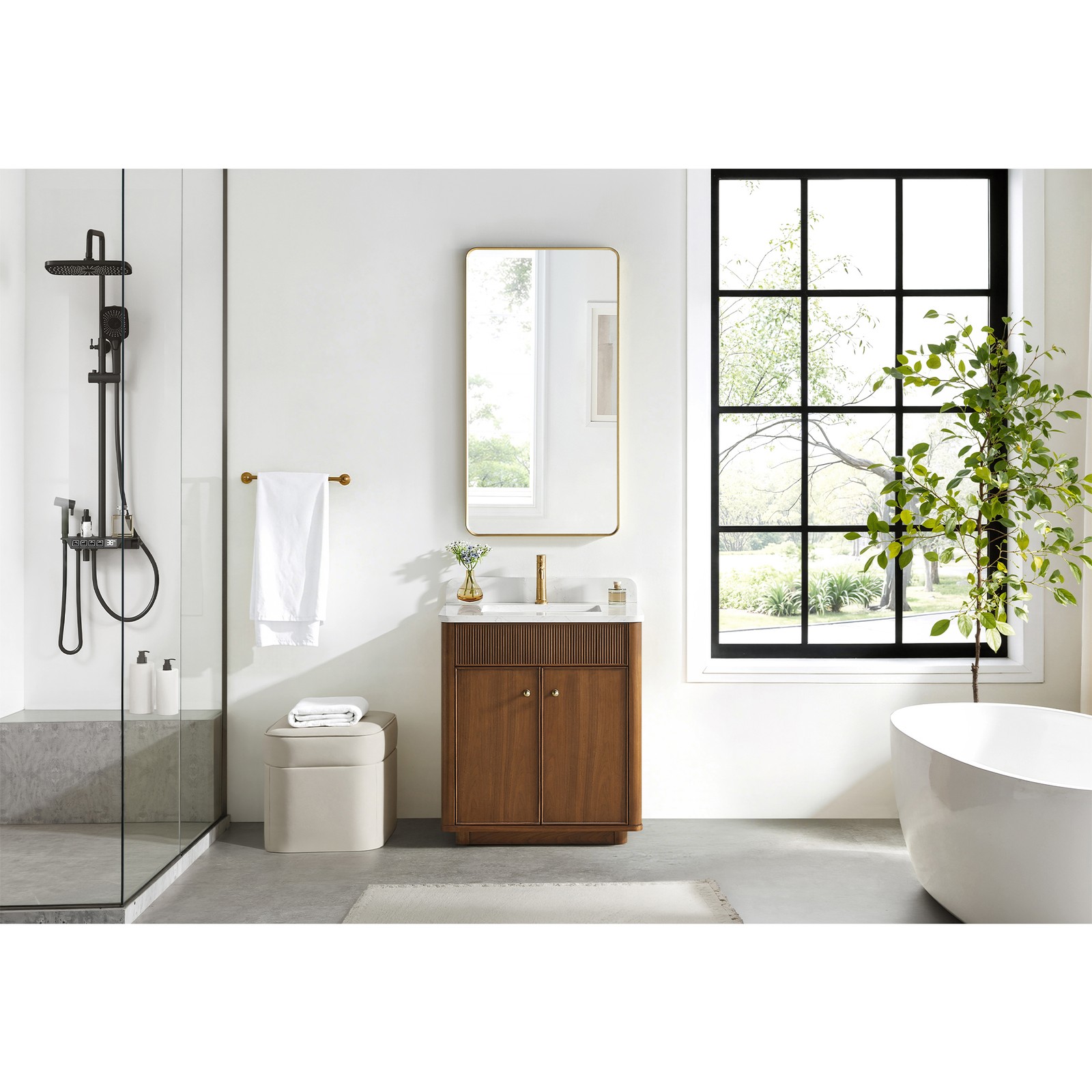 Zogno 30″ Single Sink Bath Vanity in Natural Walnut with White Grain Stone Top