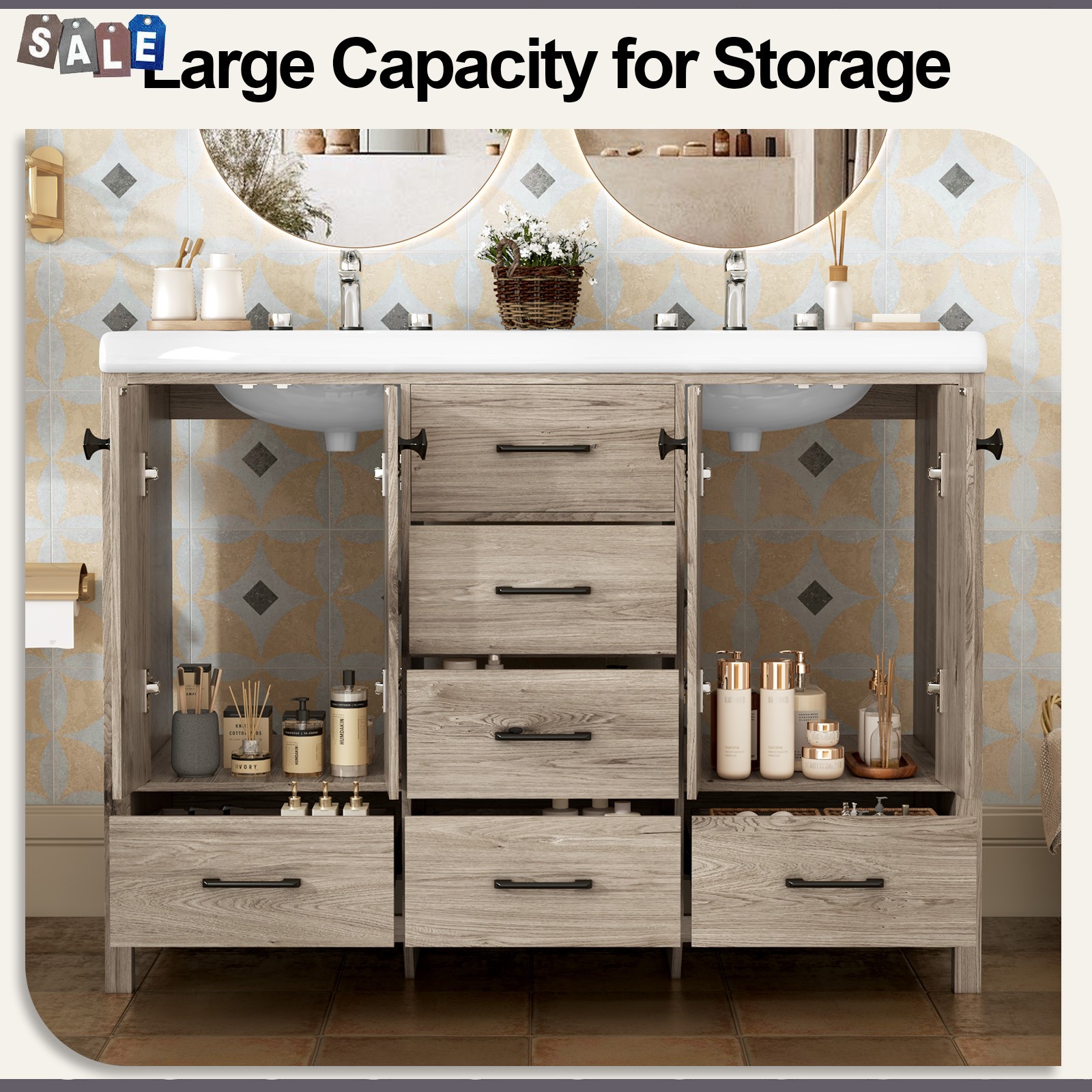 47 Inch Bathroom Vanity Double Ceramic Sinks Combo Storage Doors With Drawers