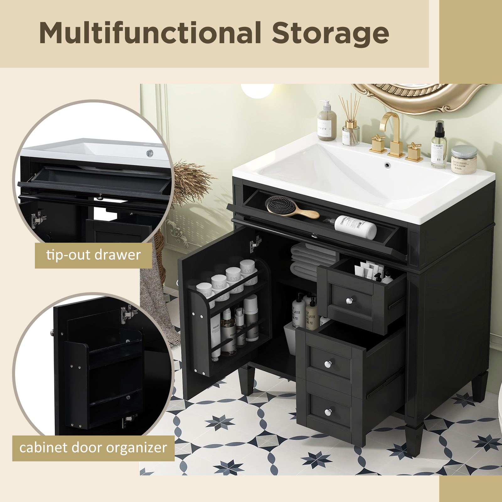 30″ Bathroom Vanity w/Sink, 3 Drawers, Freestanding Bath Vanity Storage Cabinet