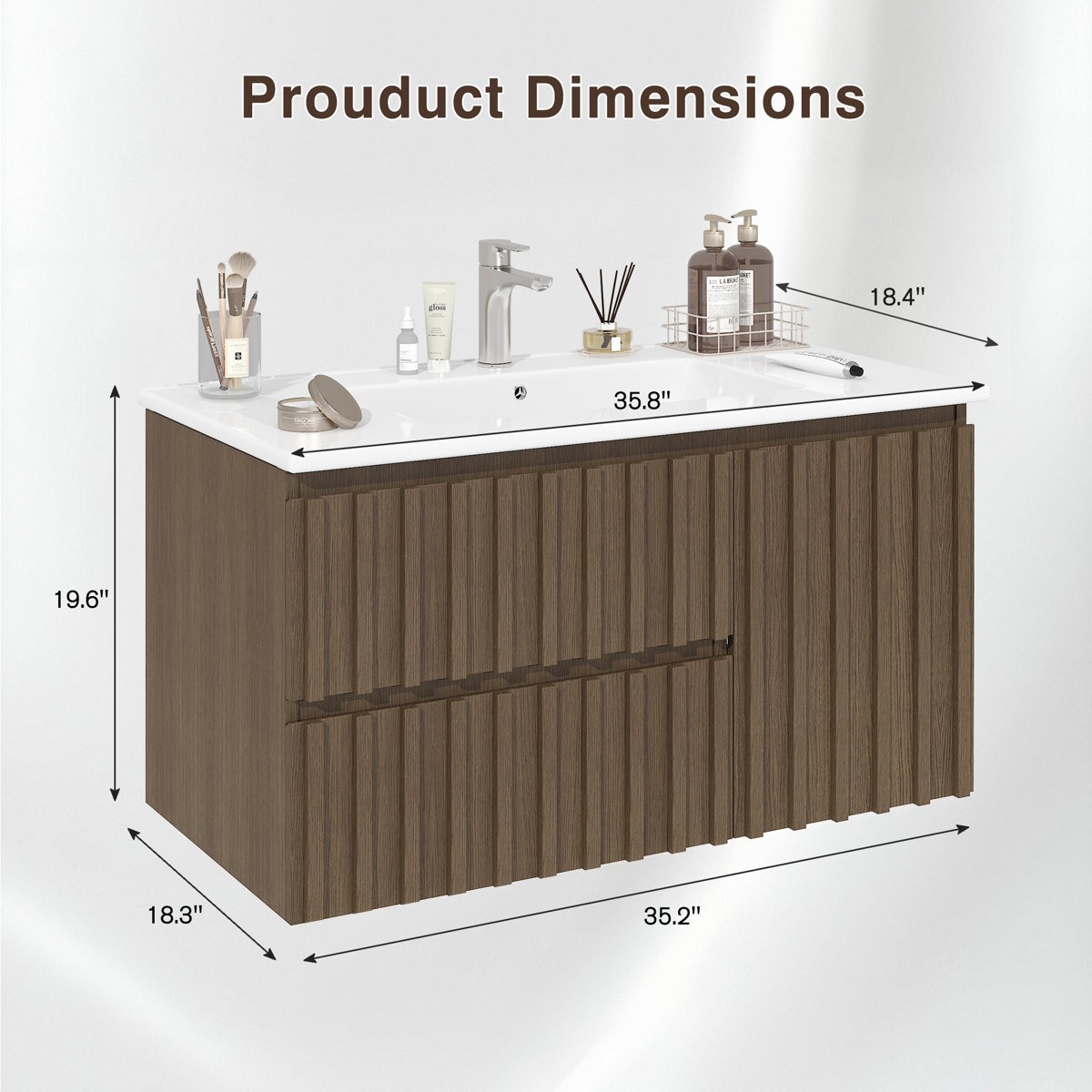 36″ Floating Bathroom Vanity with Ceramic Sink Wall Mounted Soft Close Drawers